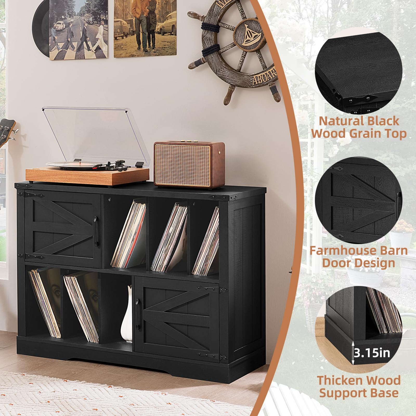 Record player cabinet with barn doors and open vinyl storage, black wood base
