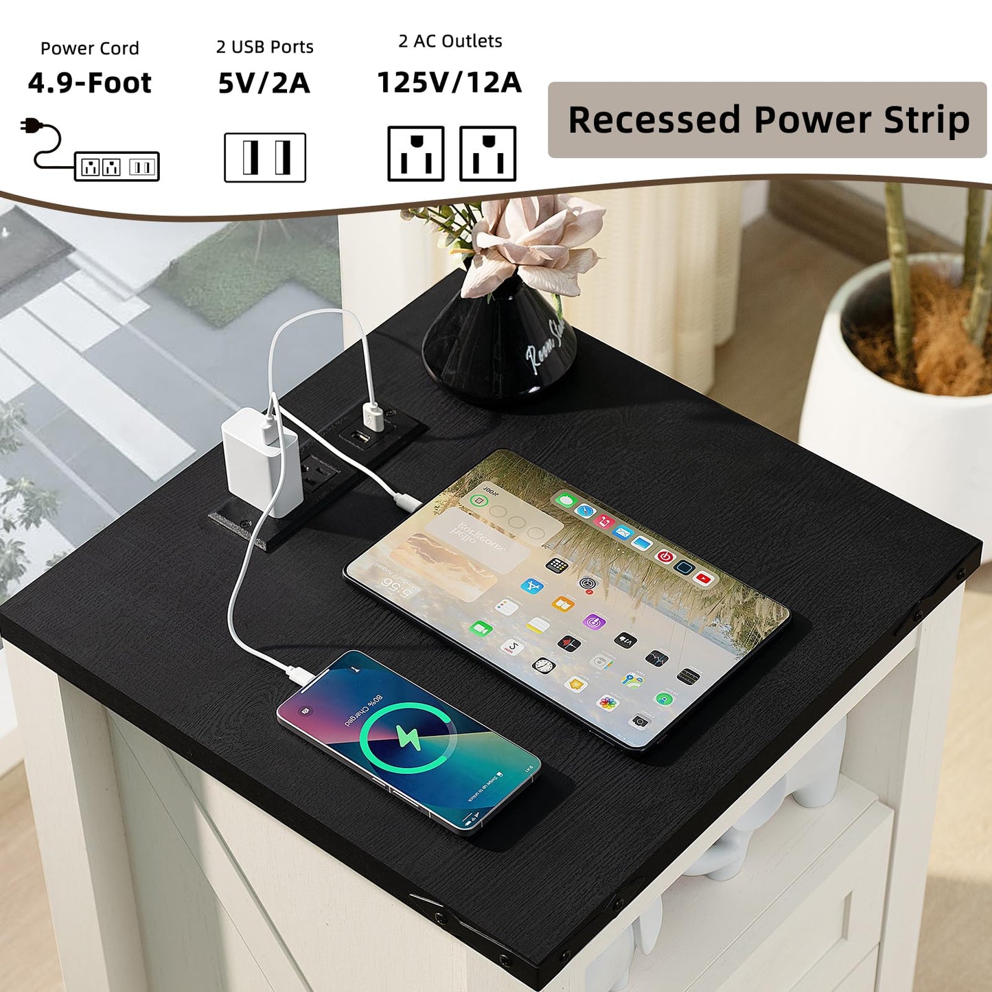 White nightstand with built-in power strip, USB ports, and AC outlets on top