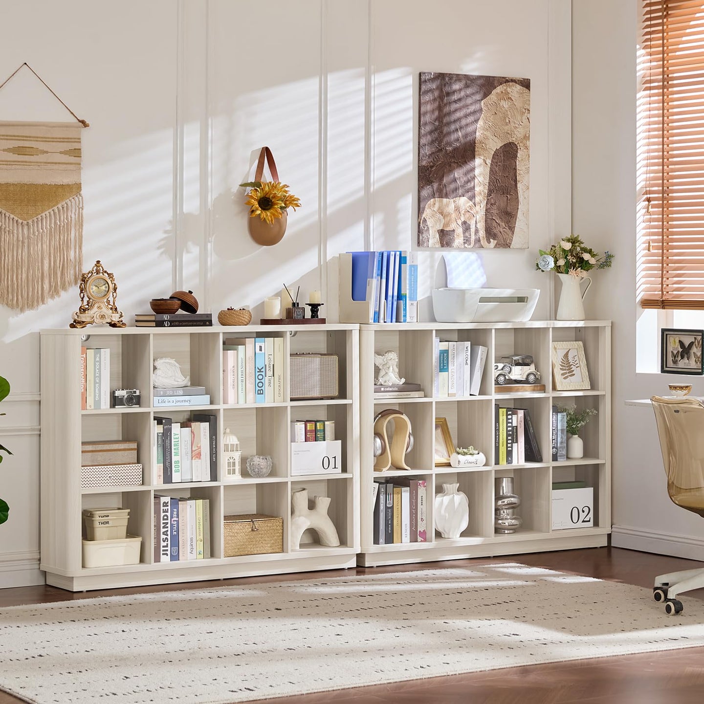 Light wood horizontal cube storage book shelf with open cubbies and flat base
