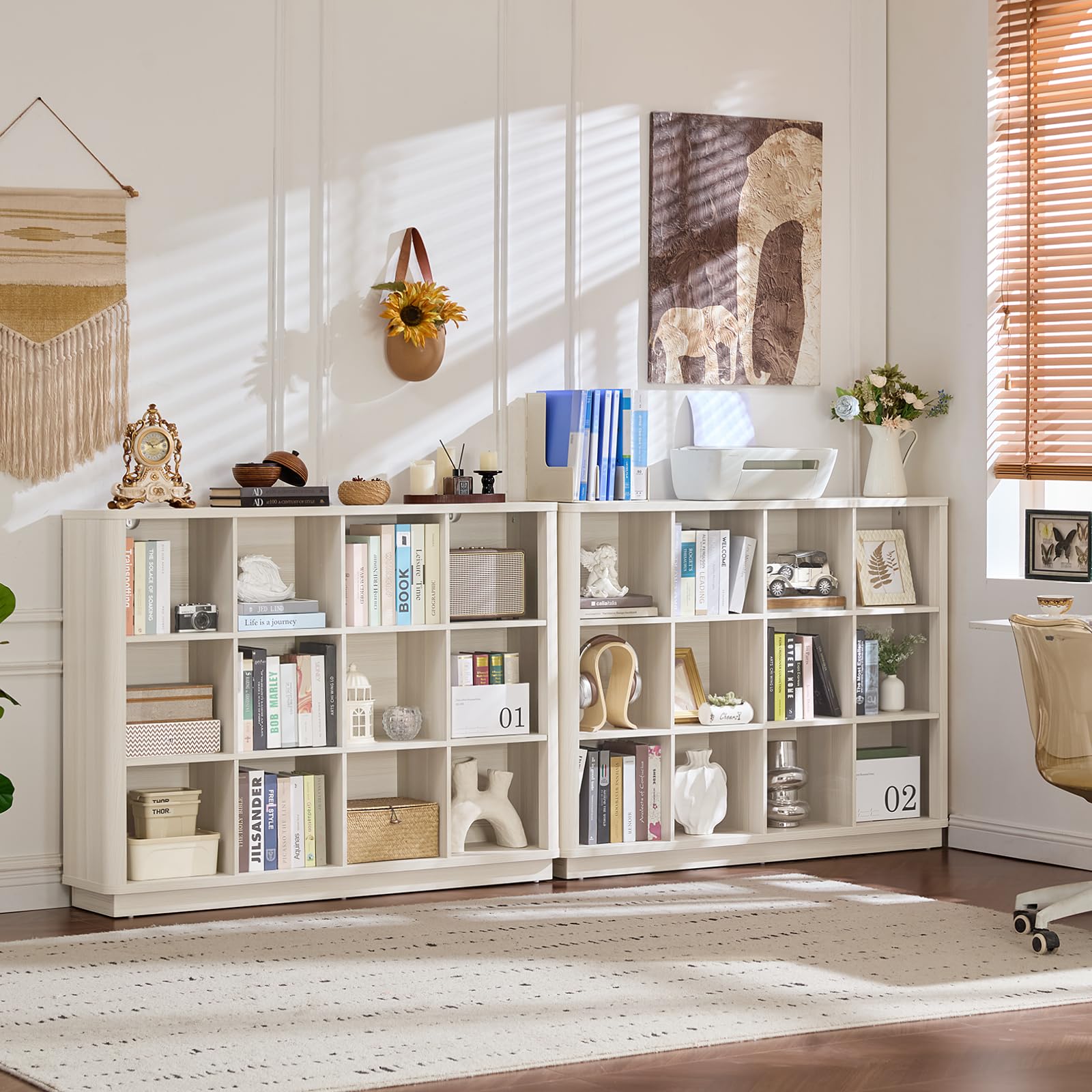 Light wood horizontal cube storage book shelf with open cubbies and flat base