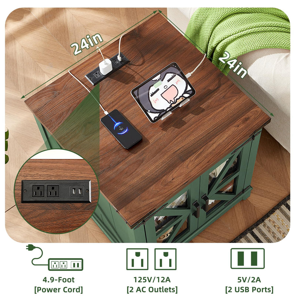 Green end table top with built-in charging station and outlet panel