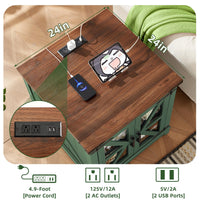 Green end table top with built-in charging station and outlet panel