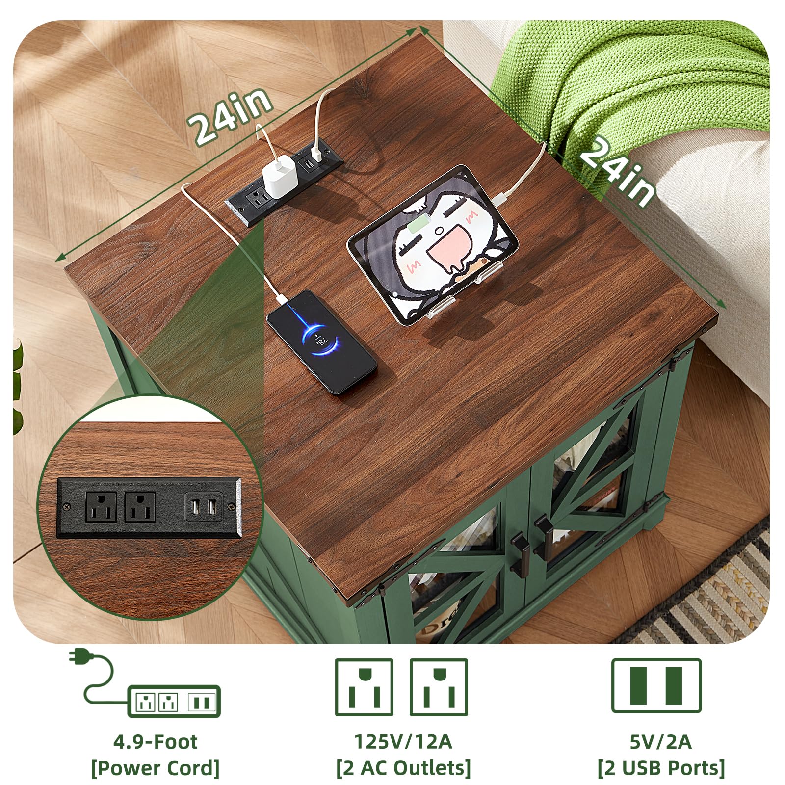 Green end table top with built-in charging station and outlet panel