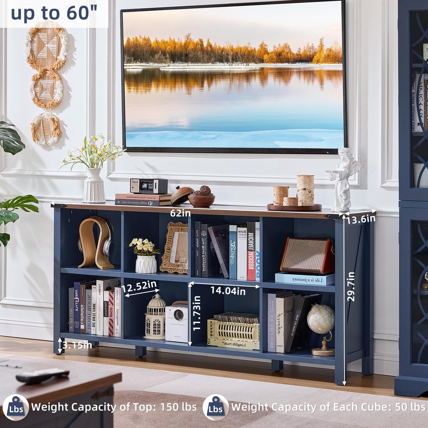 Dark blue farmhouse bookcase with open cubby shelves and low console legs