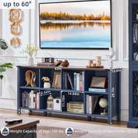 Dark blue farmhouse bookcase with open cubby shelves and low console legs