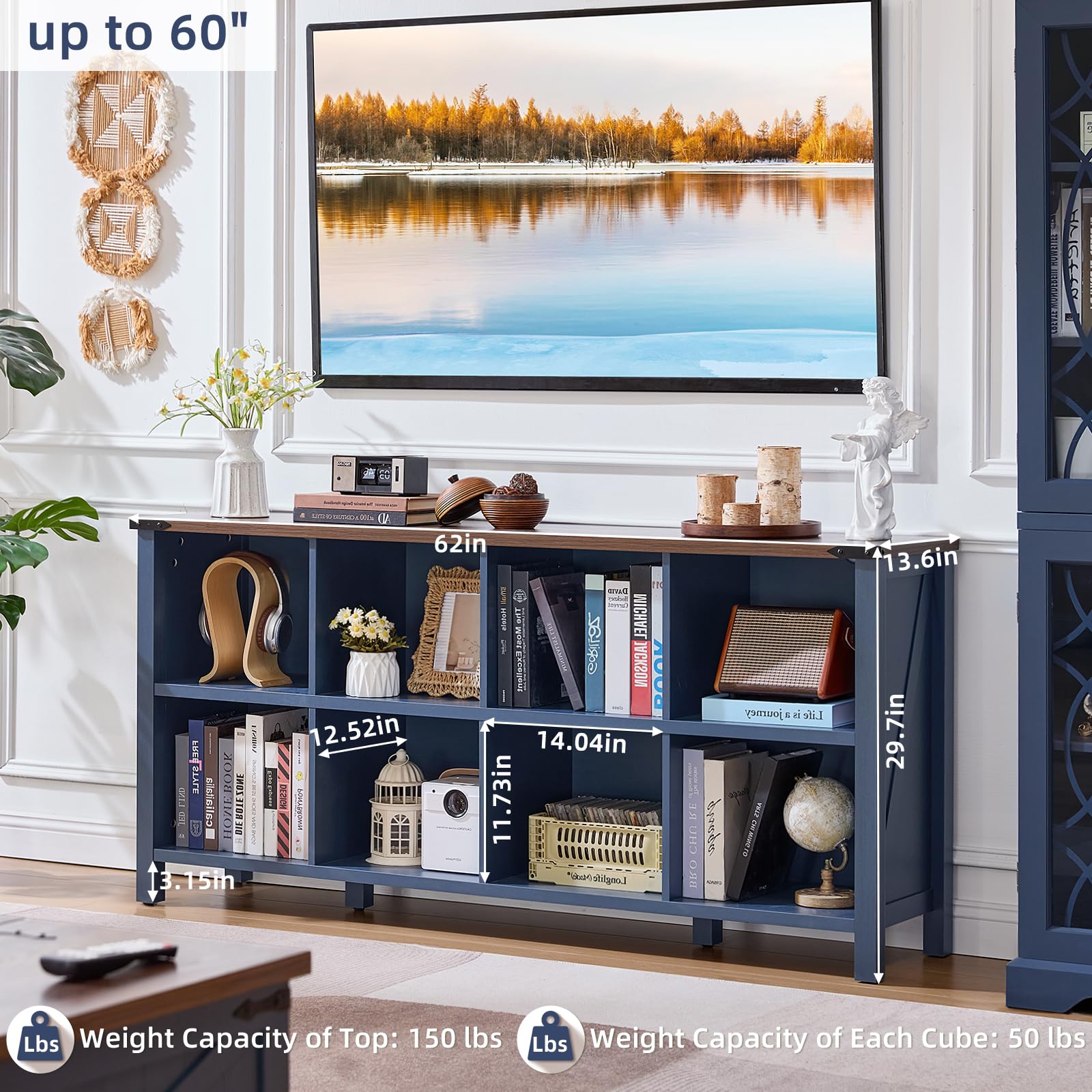 Dark blue farmhouse bookcase with open cubby shelves and low console legs