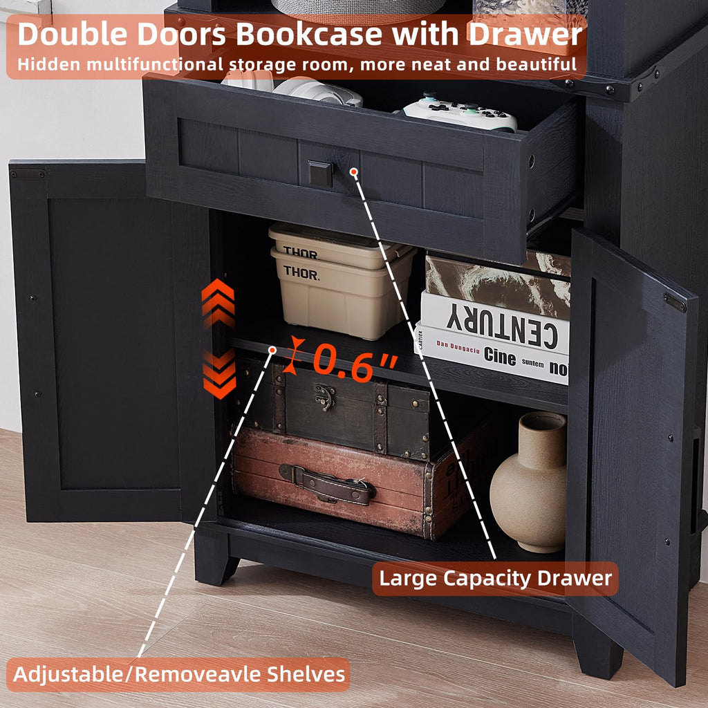Black double-door bookcase with top open shelves and large storage drawer