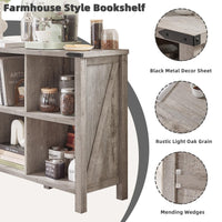 Rustic light oak wood bookcase with open shelves and farmhouse style design details