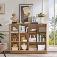 Natural oak cube storage book shelf with 8 open cubbies for books, toys, and bins