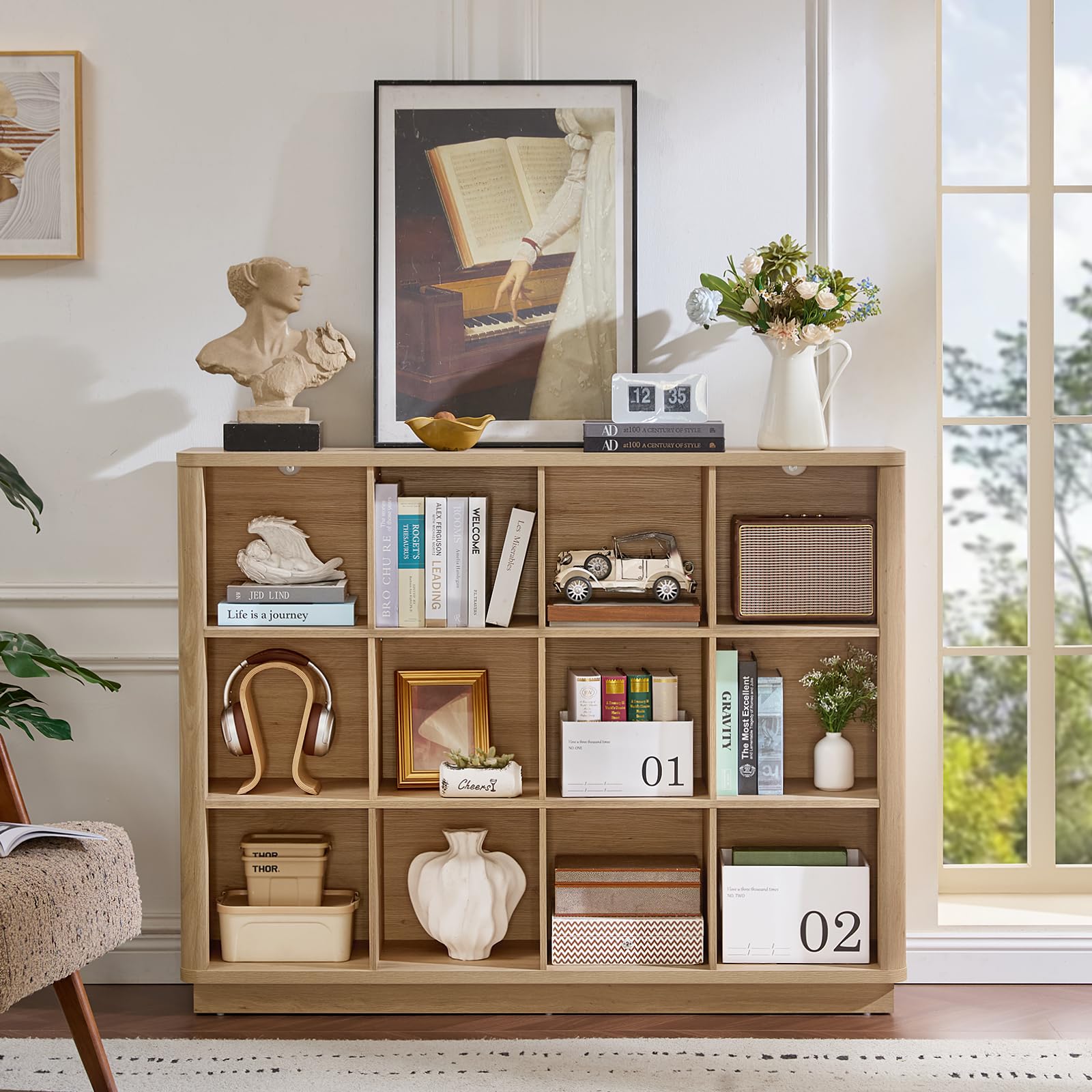 Natural oak cube storage book shelf with 8 open cubbies for books, toys, and bins