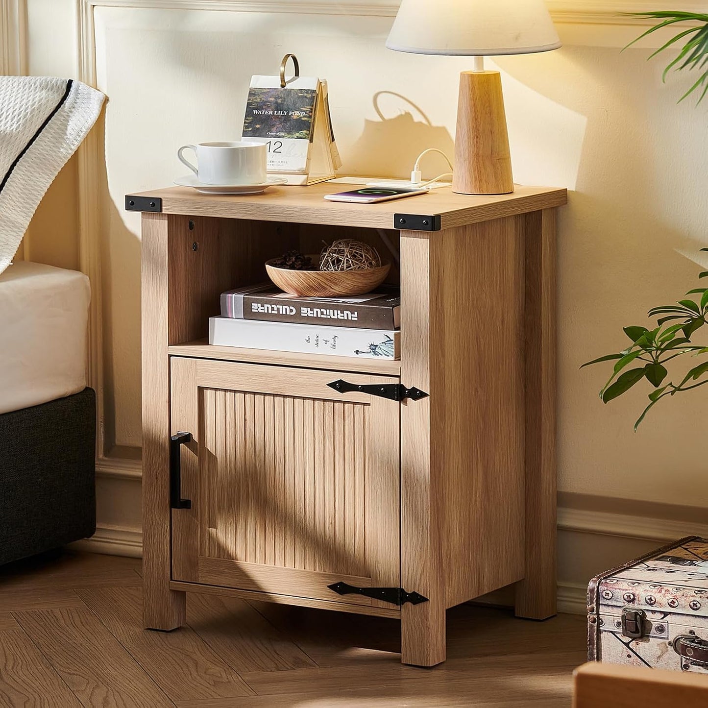 Joaxswe 18-Inch Nightstand with Charging Station and Fluted Door,Dark Blue | 18-inch bedside table with AC and USB charging, open storage and a magnetic fluted door for bedroom essentials