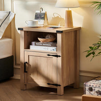 Joaxswe 18-Inch Nightstand with Charging Station and Fluted Door,Dark Blue | 18-inch bedside table with AC and USB charging, open storage and a magnetic fluted door for bedroom essentials
