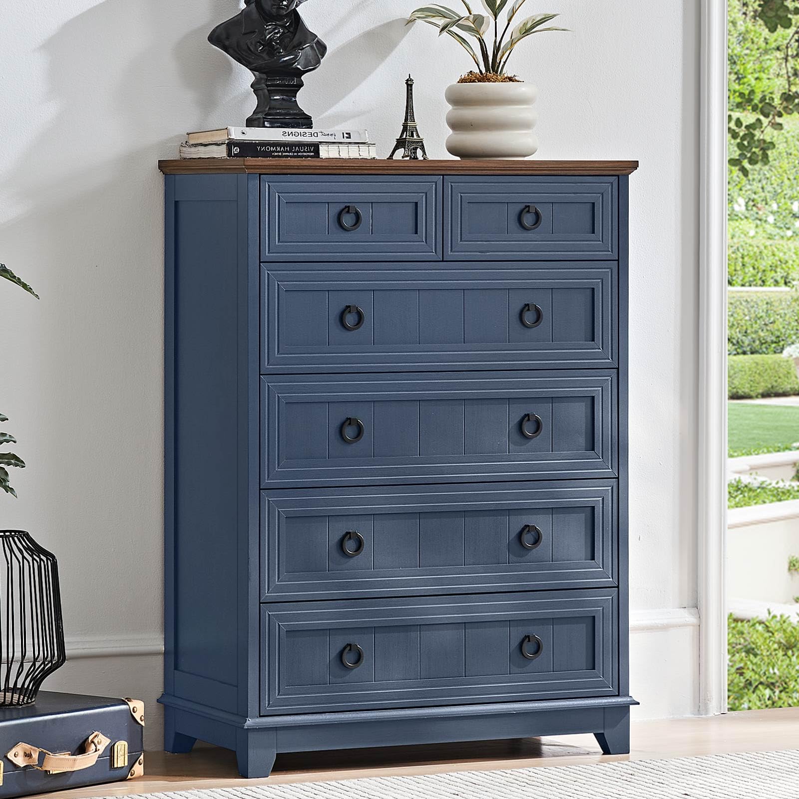 18" Farmhouse Night Stand with Charging Station, 2 Drawers End Table Dresser for Bedroom, Blue Wooden Nightstand, Bed Side Table with Open Shelf, Bedside Cabinet for Living Room, Closet
