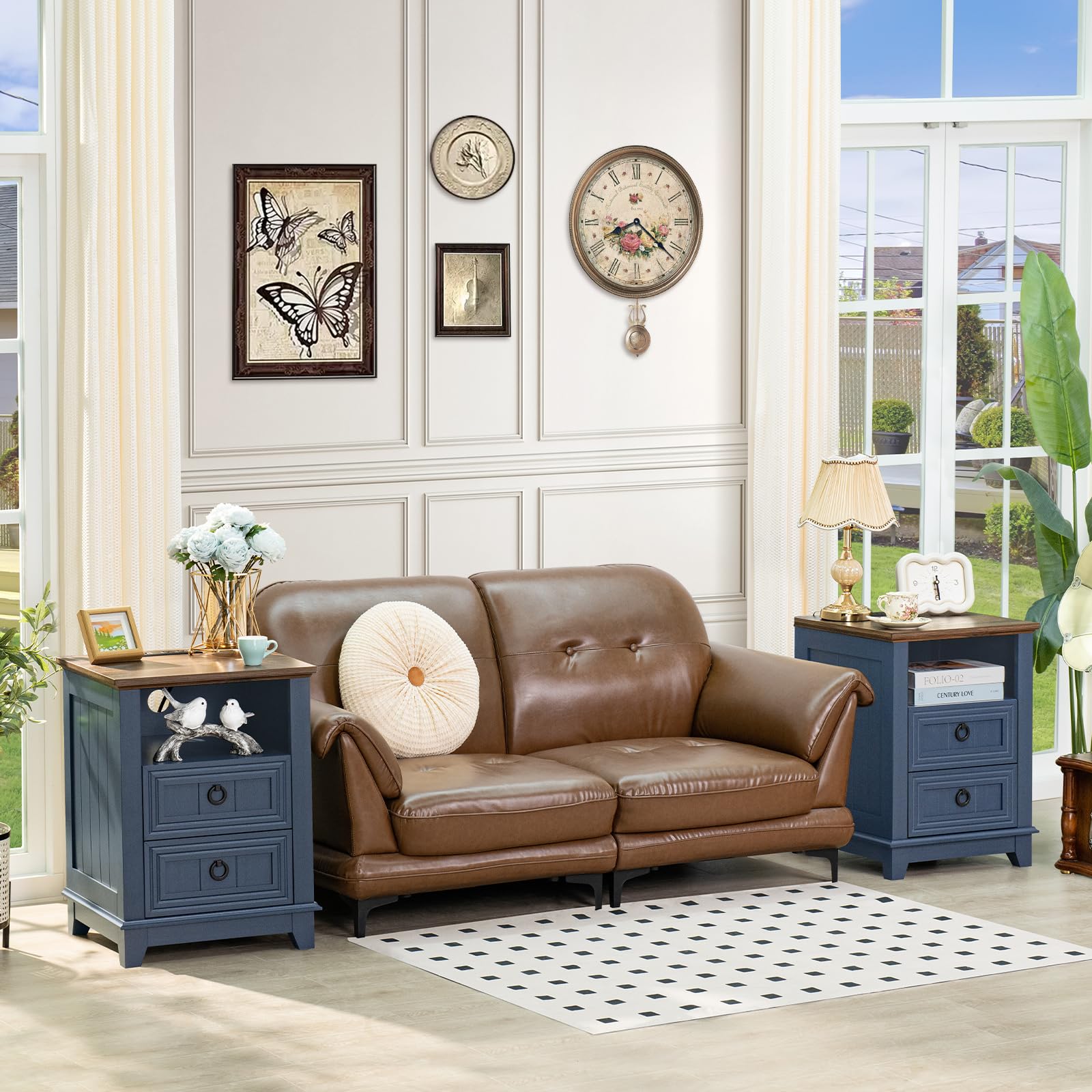 Blue farmhouse nightstand end table with drawers beside a sofa, country style