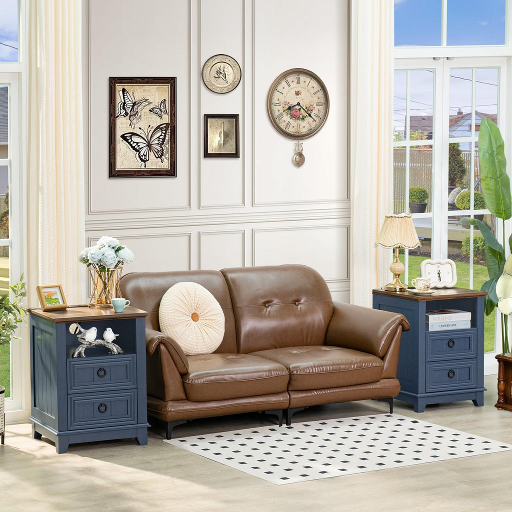 Blue farmhouse nightstand set of 2 with wood tops and three drawers each