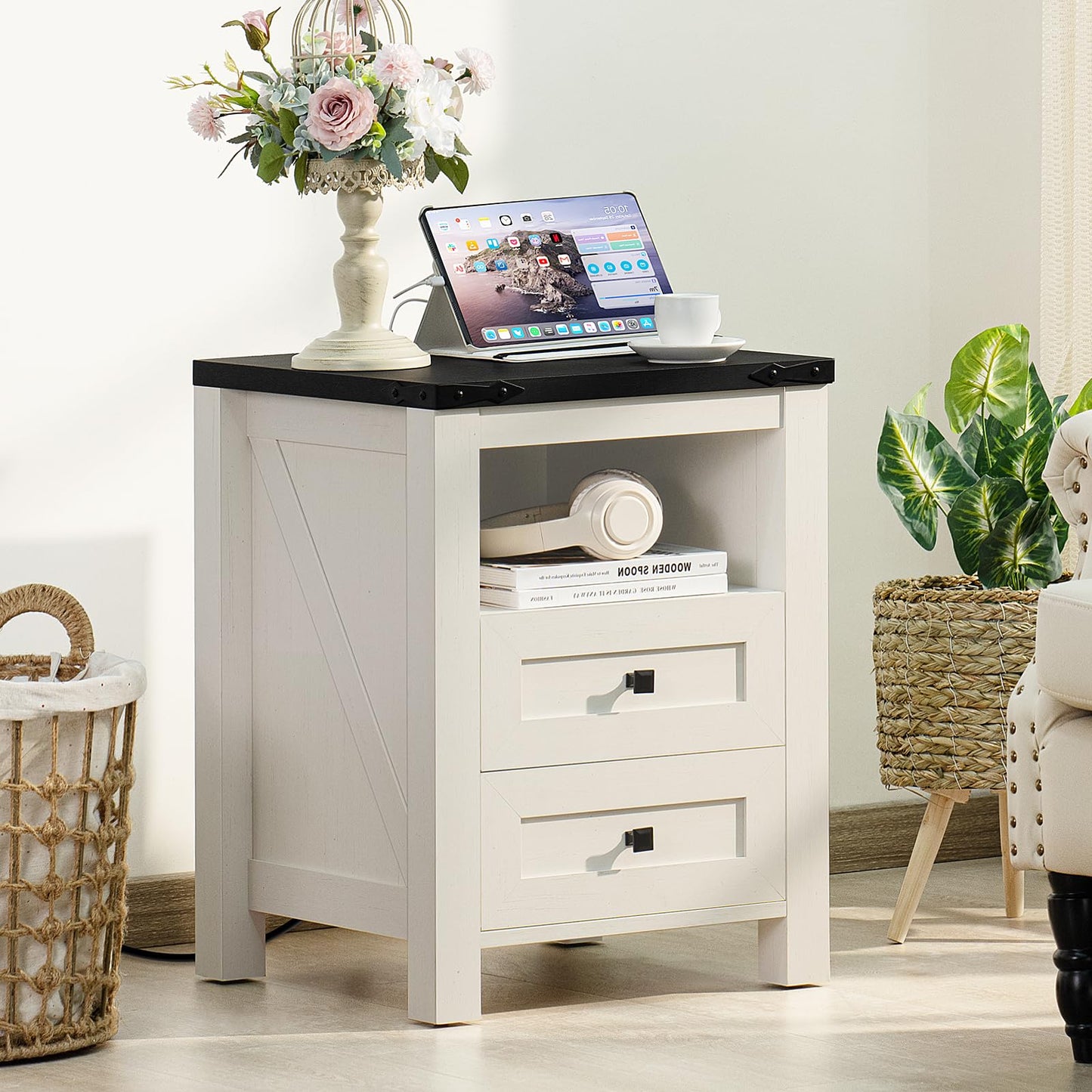 White nightstand with charging top, 2 drawers, and open side shelf