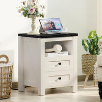 White nightstand with charging top, 2 drawers, and open side shelf