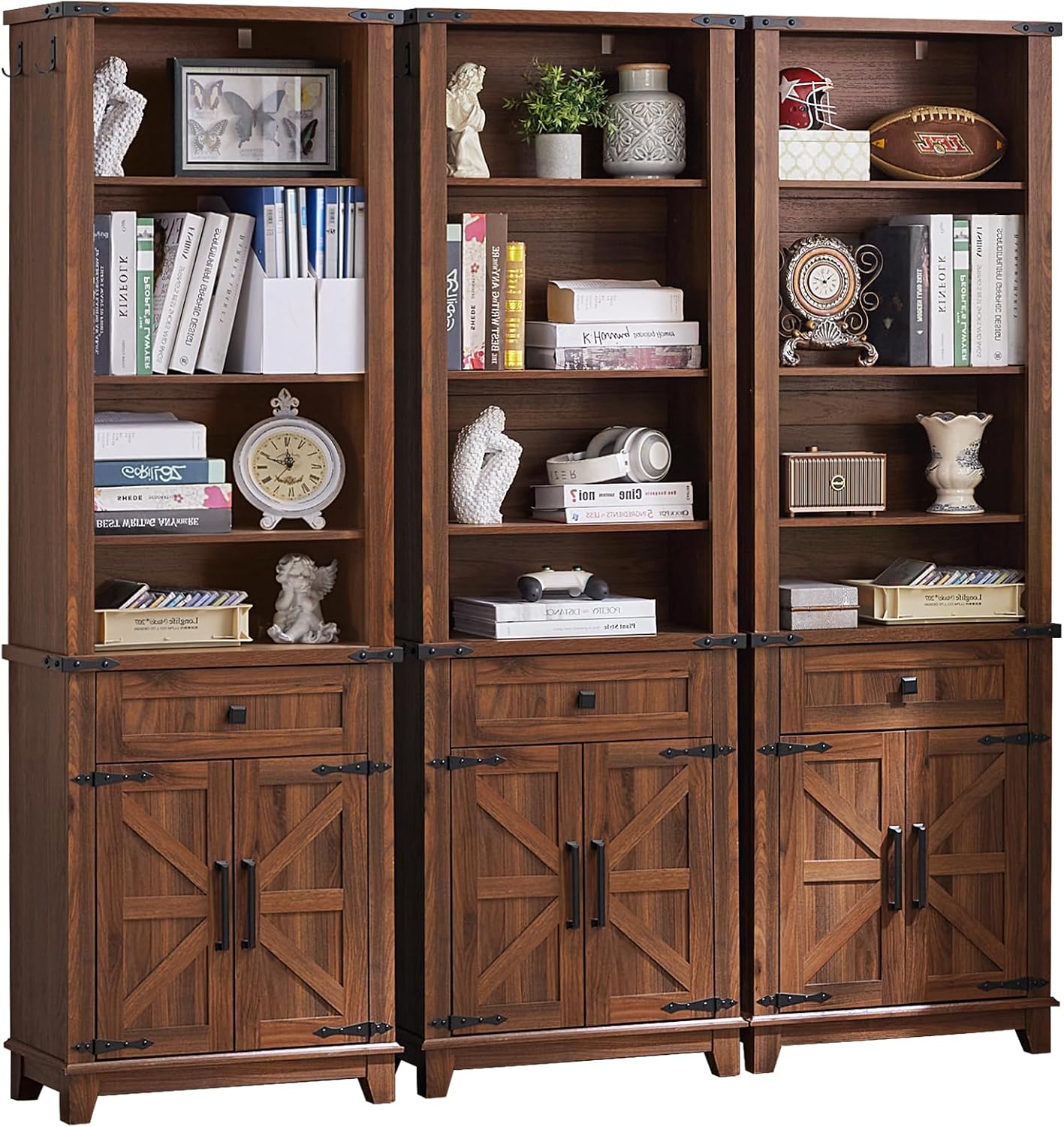 72in Tall Bookshelf 7 Tier Bookcase with Drawer and Barn Doors and Adjustable Shelves, Black Farmhouse Book Shelf with Storage Cabinet, Wood Freestanding Display Bookshelves for Living Room