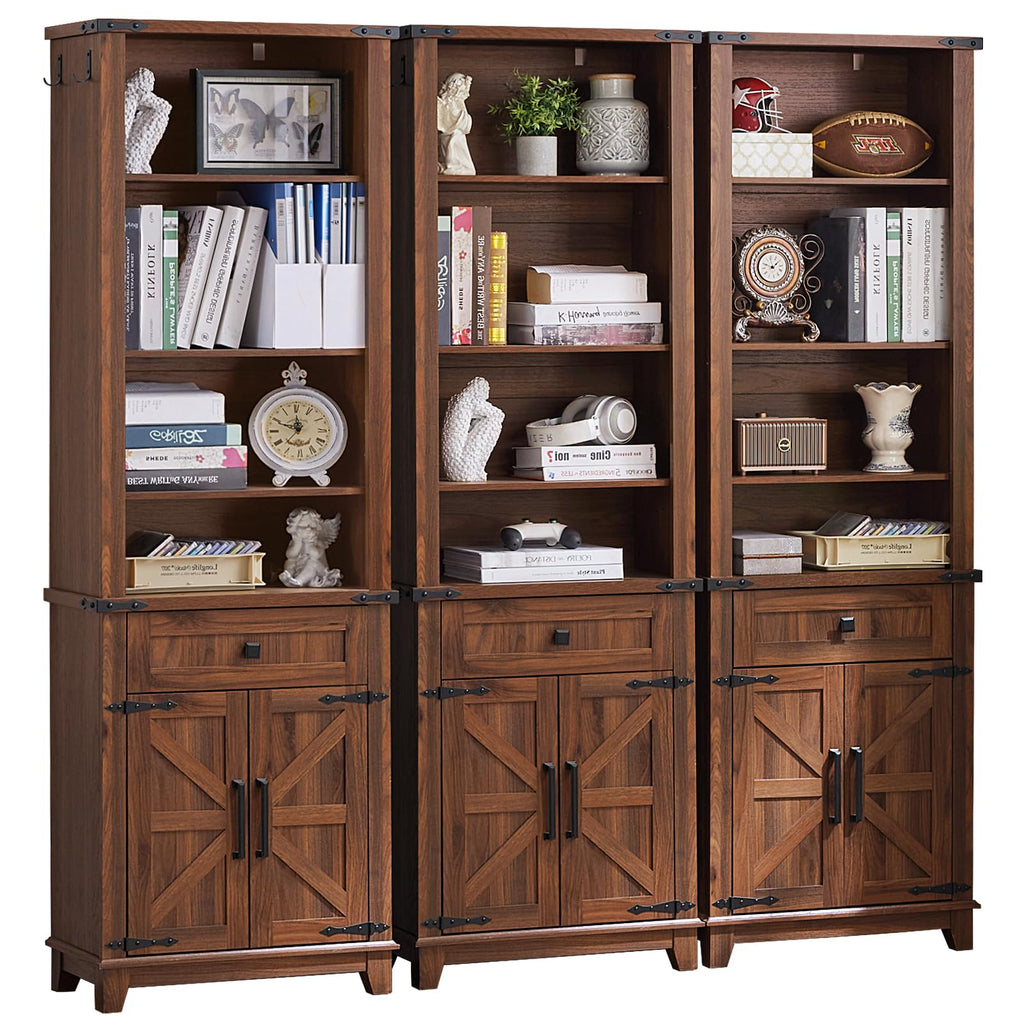 Brown wood bookcase with barn doors, drawers, and open adjustable shelving for books
