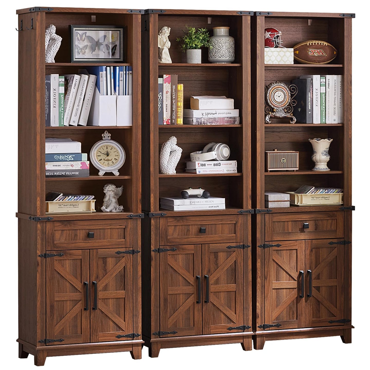 Brown wood 7-tier bookcase with open shelves, drawers, and barn-style cabinet doors
