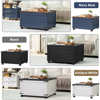 Square lift-top coffee table with hidden storage shown in navy blue, black, and white