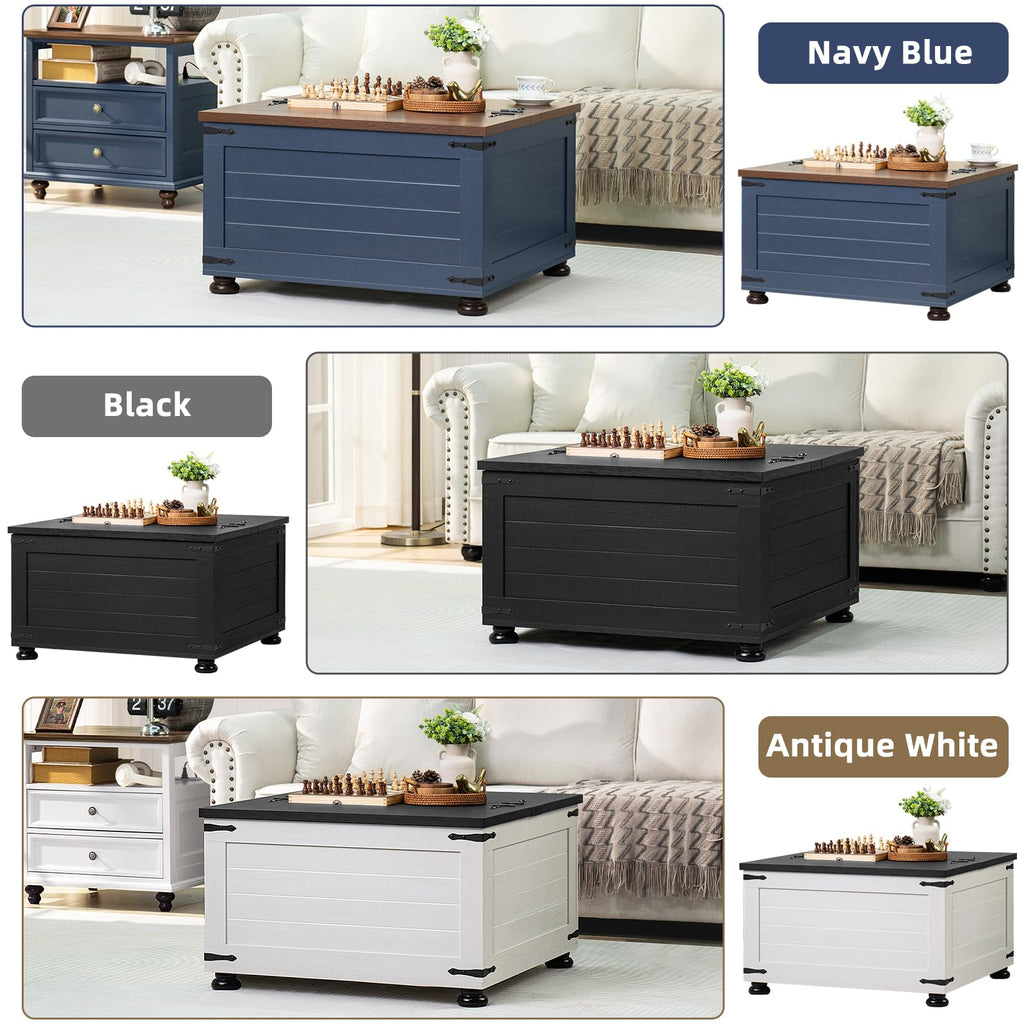 Square lift-top coffee table with hidden storage, shown in multiple finishes