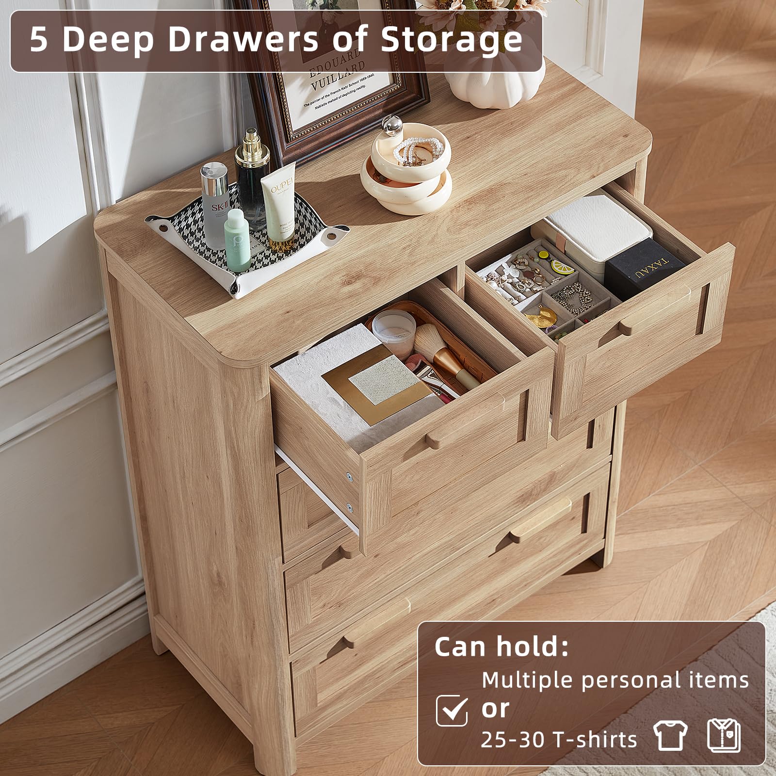 Farmhouse 5 Drawer Dresser for Bedroom, Chest of Drawers with 5 Deep Drawer & 4 Thickened Table Legs, Walnut