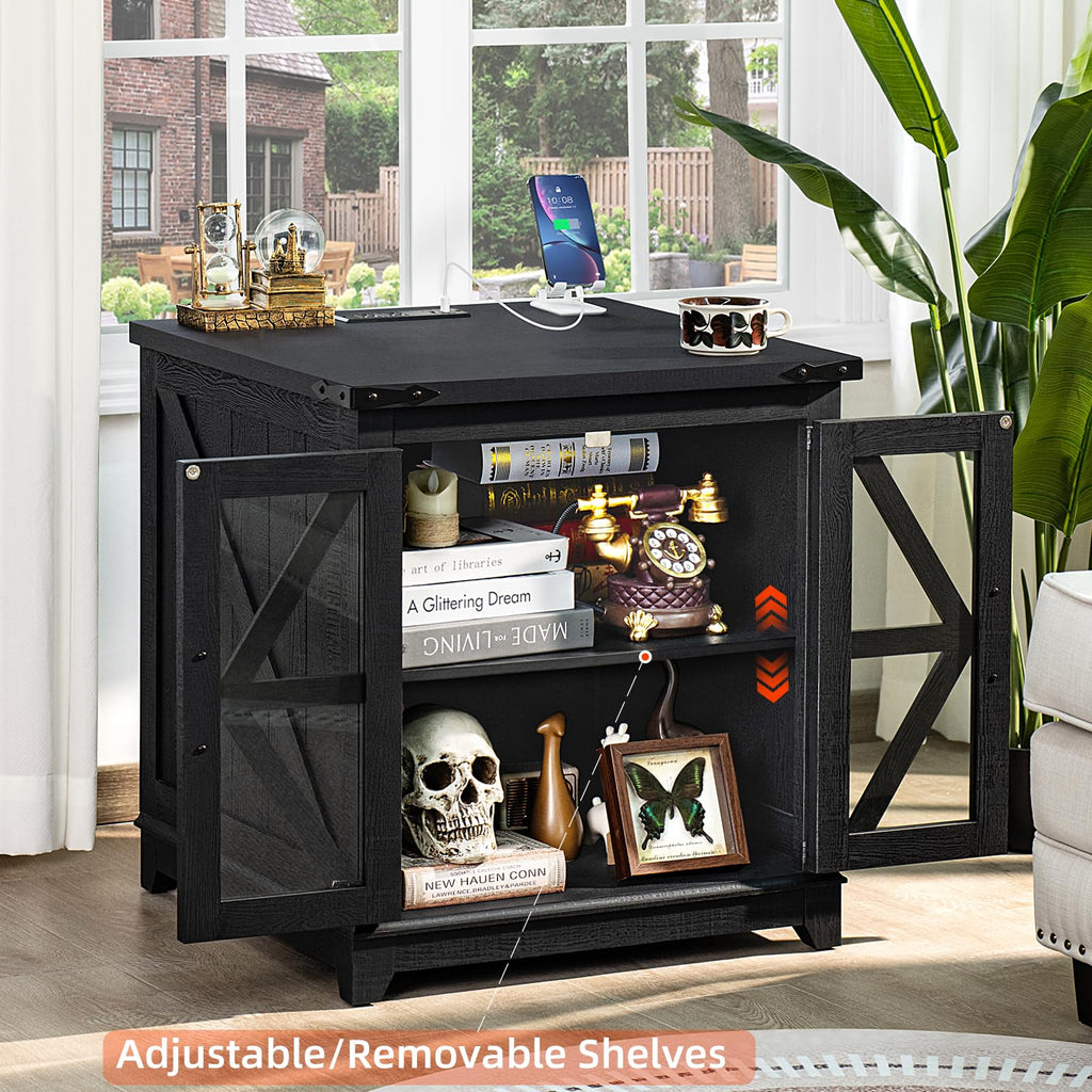 Black farmhouse end table with glass doors, adjustable shelving, and black top