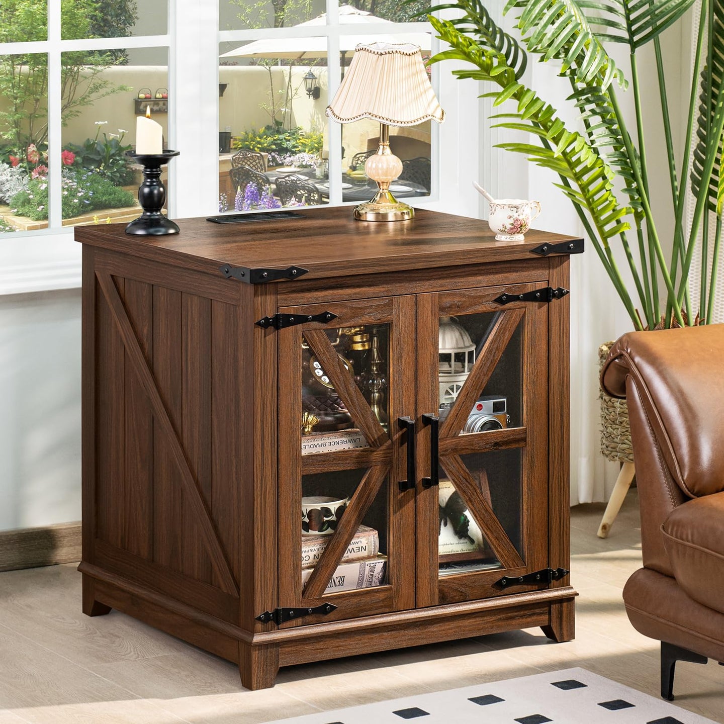 Wood side cabinet table with open storage shelves and hinged top, farmhouse style