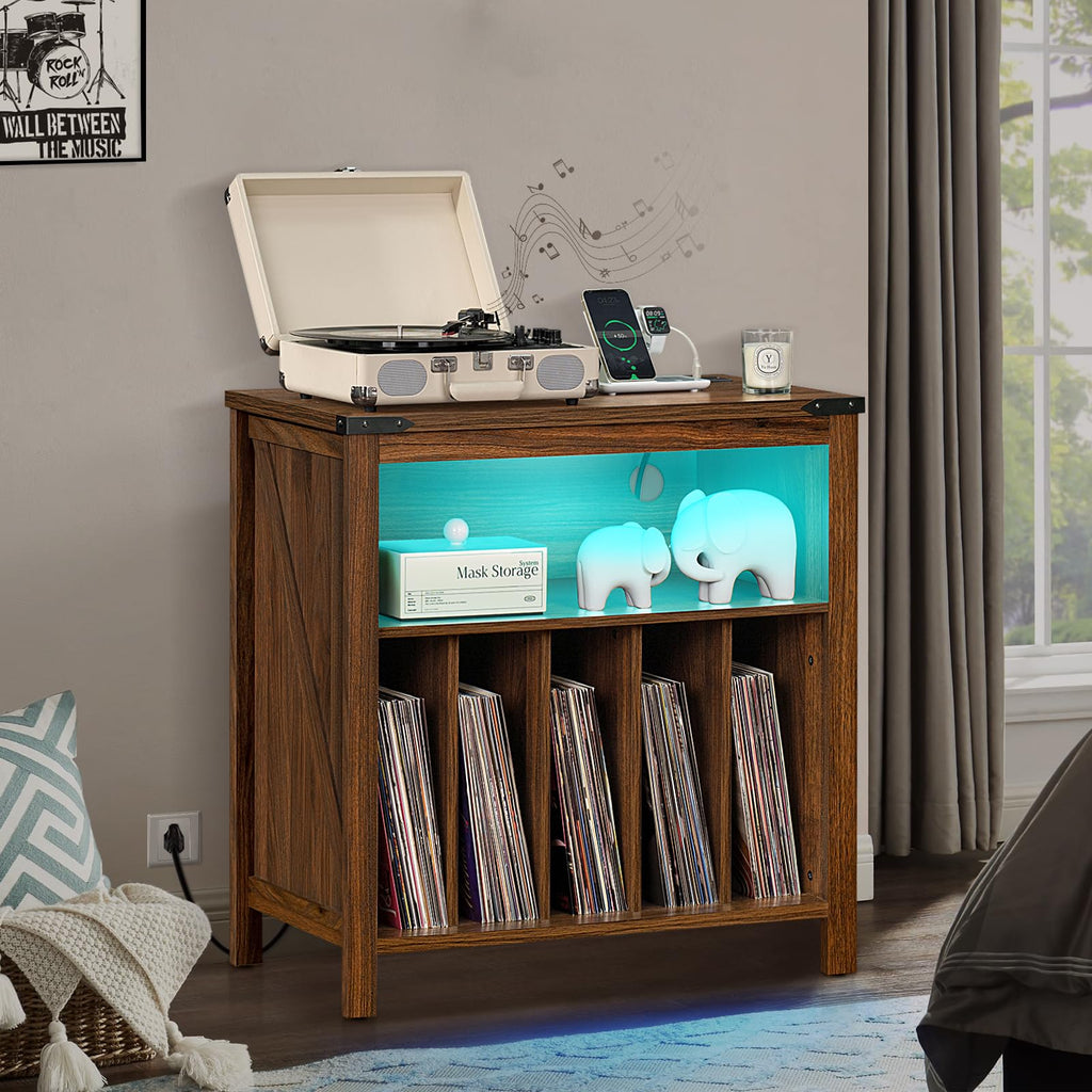 Brown record player stand with open vinyl storage and blue LED interior lighting
