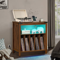 Brown wood record player stand with open lid, LED shelf, and vinyl record storage