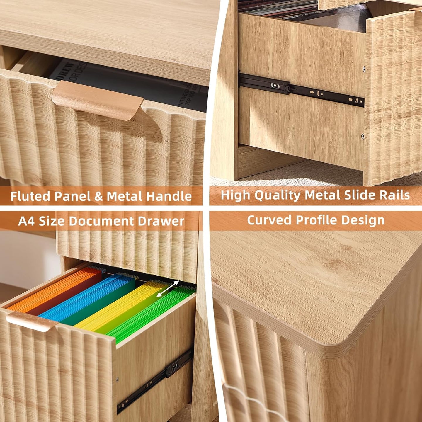 Fluted wood cabinet panels with metal handle drawers and A4-size document drawer
