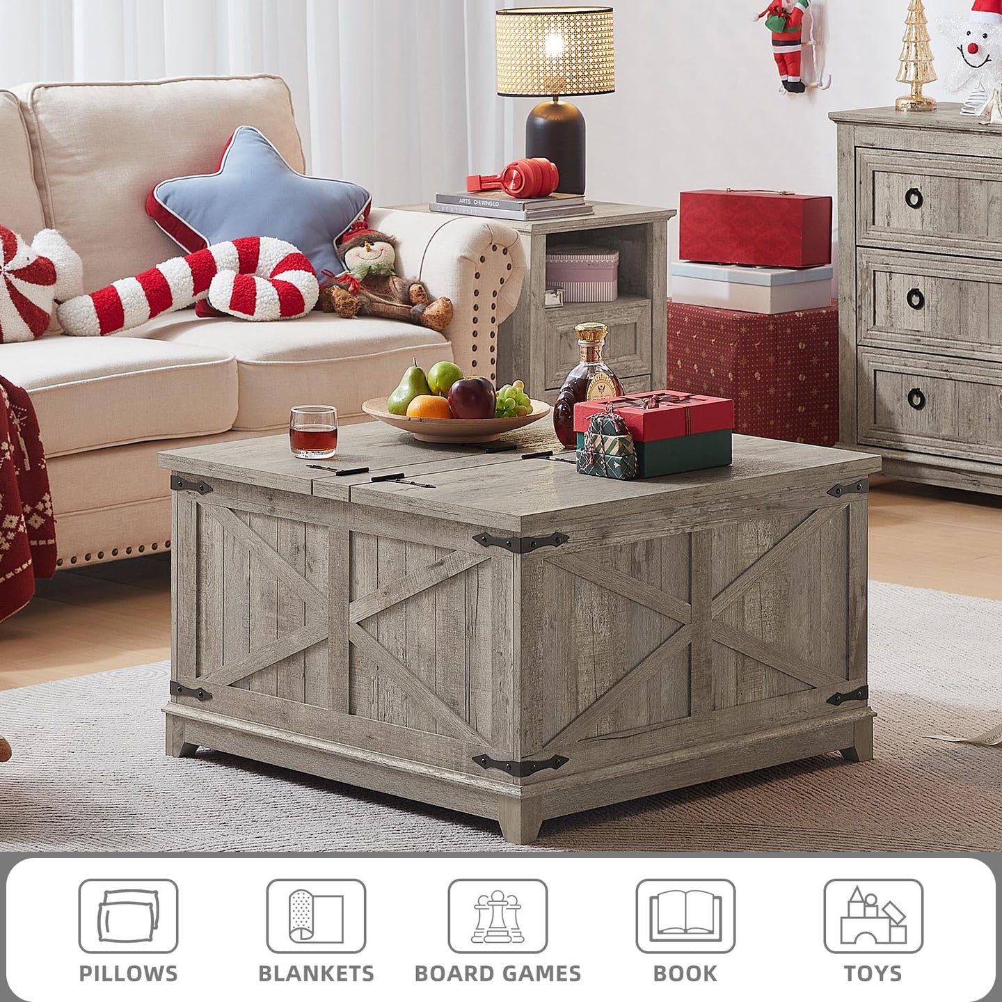 Distressed gray farmhouse coffee table with flip-top lid and X-panel design