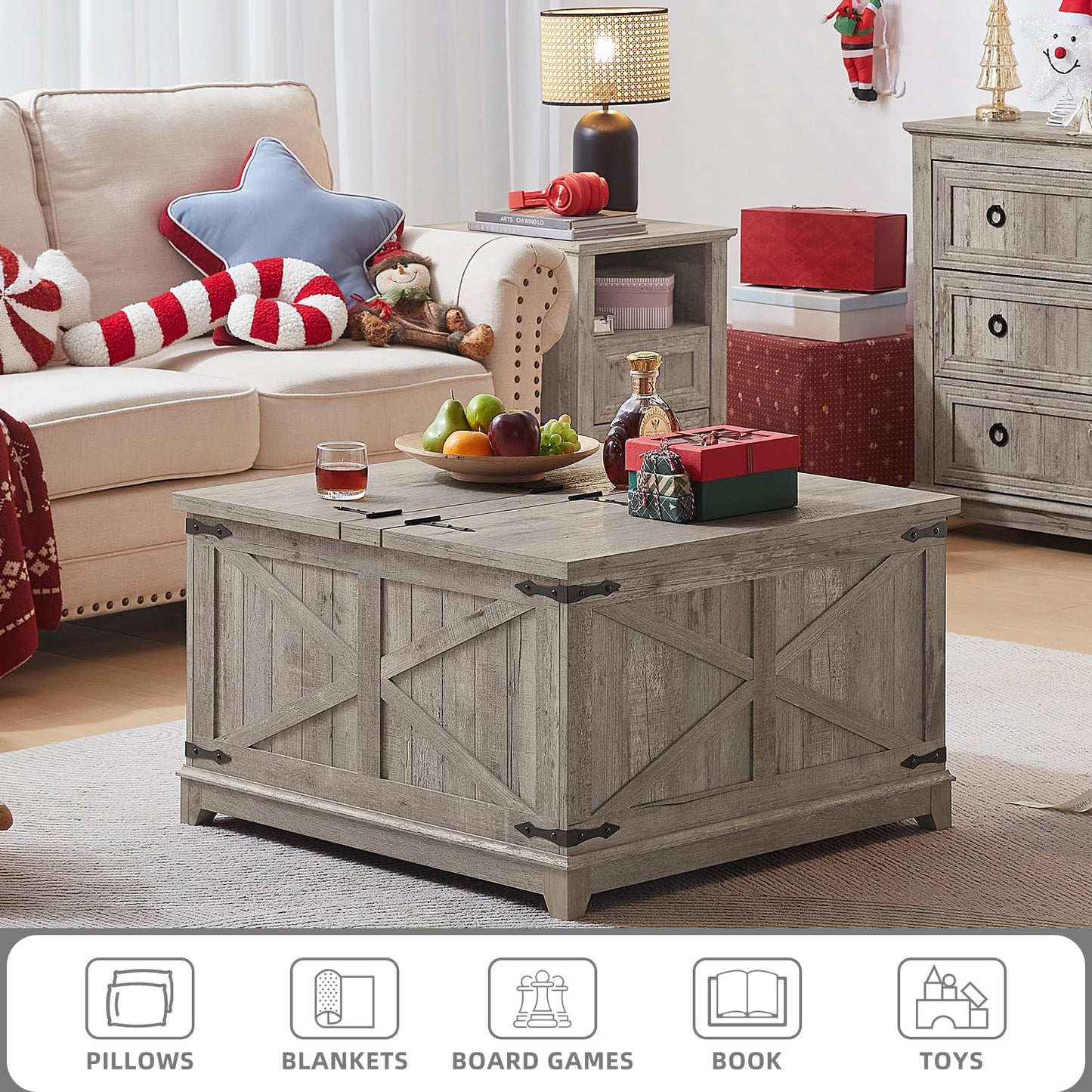 Distressed gray farmhouse coffee table with flip-top lid and X-panel design