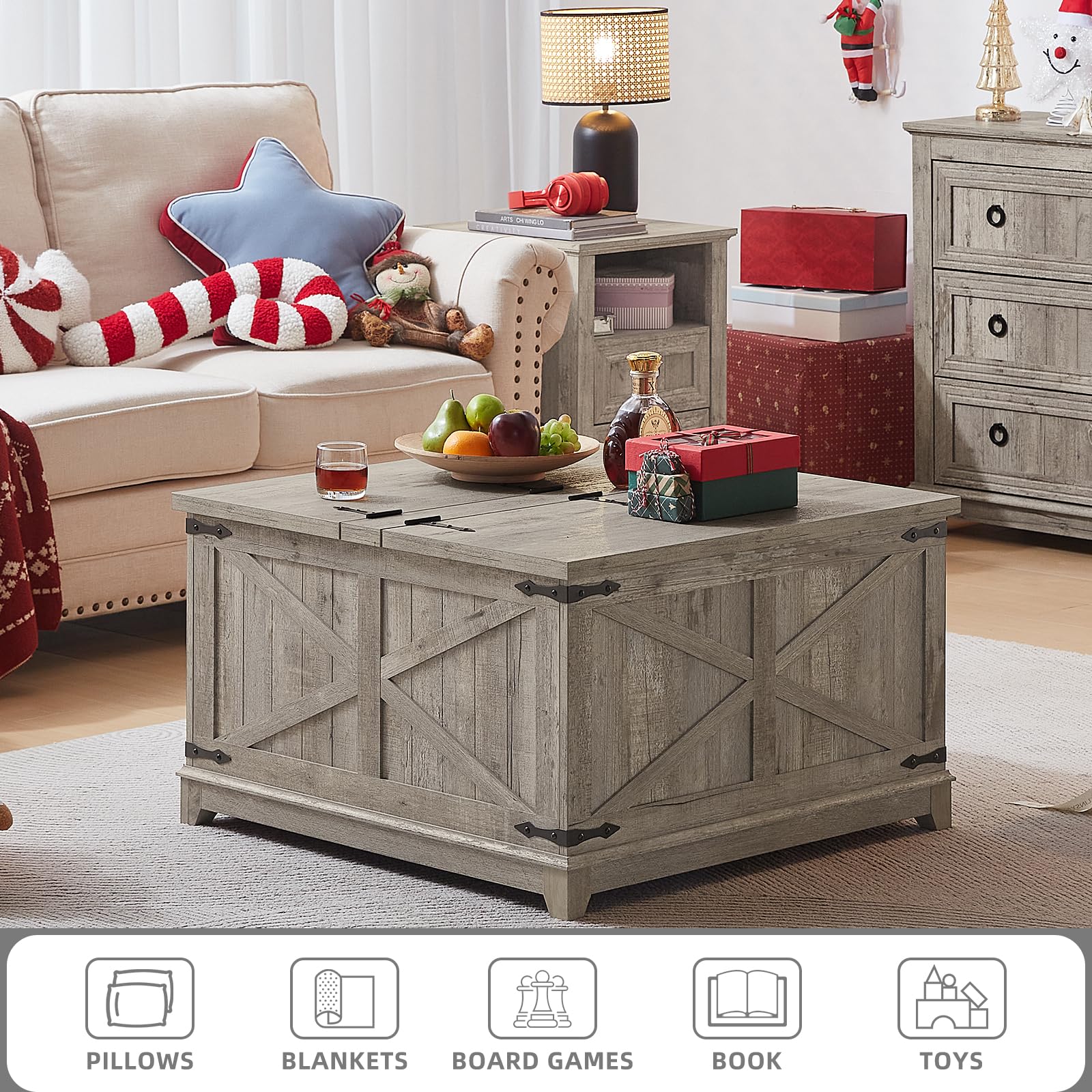 Farmhouse Coffee Table with Large Hidden Storage Compartment, Navy Blue Square Center Table, Wood Rustic Low Modern Living Room Tables with Hinged Lift Brown Top & Wooden Arc Base