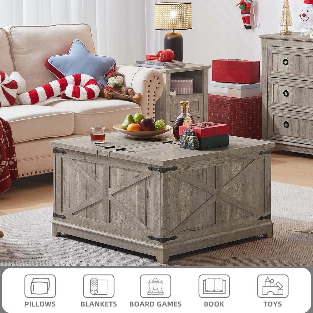 Weathered wood square coffee table with hinged lift top and hidden storage compartment