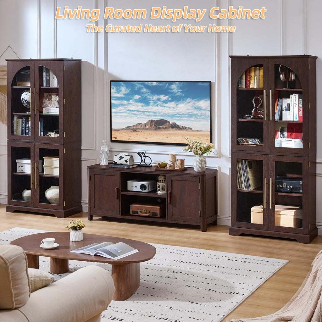 Tall display cabinet with curved glass doors, dark wood frame, open shelving