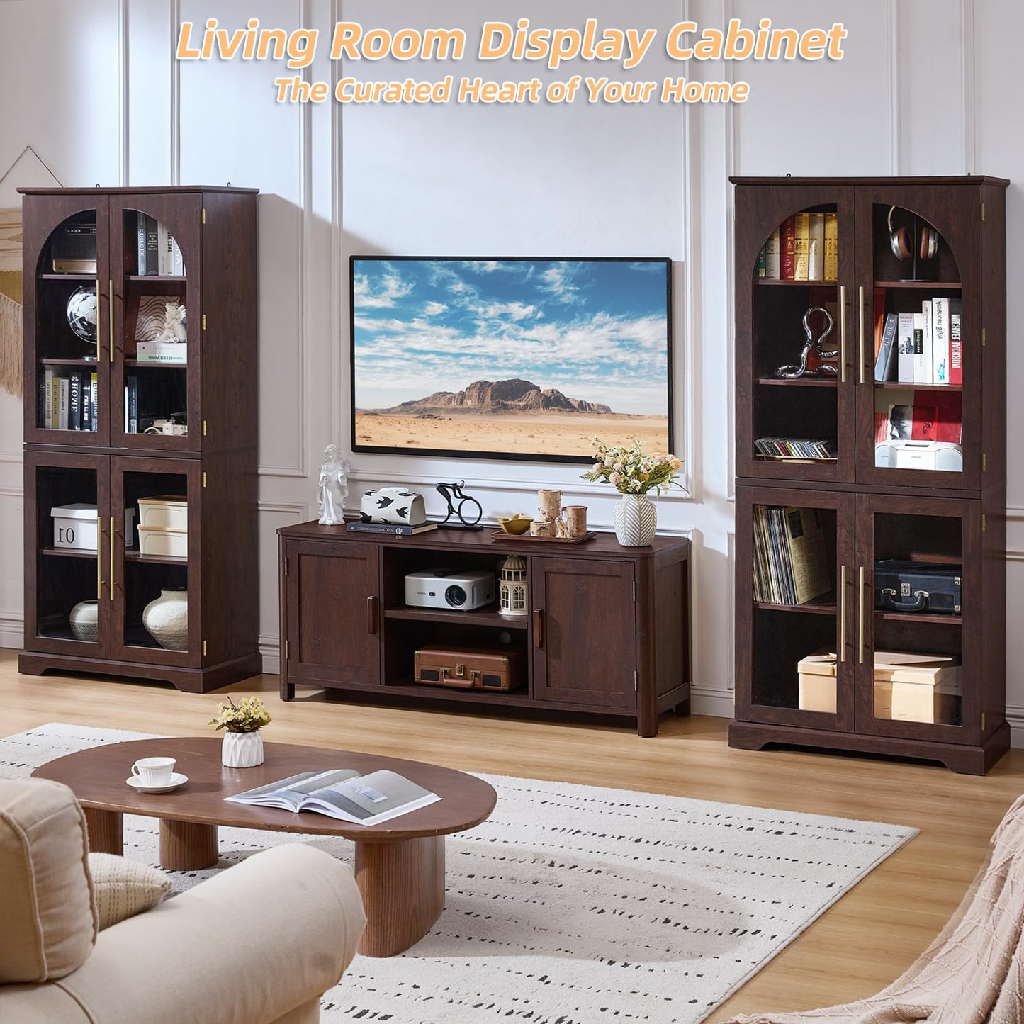 Tall display cabinet with curved glass doors, dark wood frame, open shelving