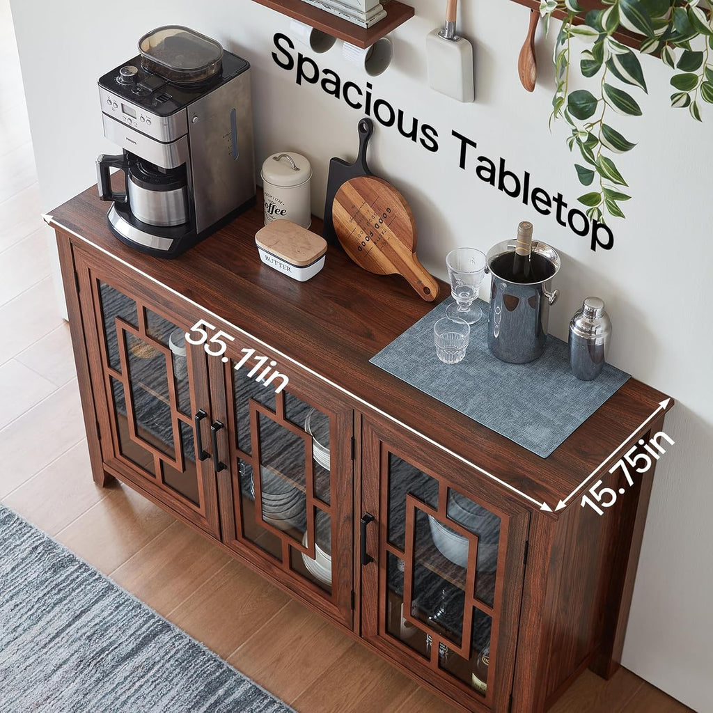 Brown sideboard buffet cabinet with two glass doors and lattice panel door fronts