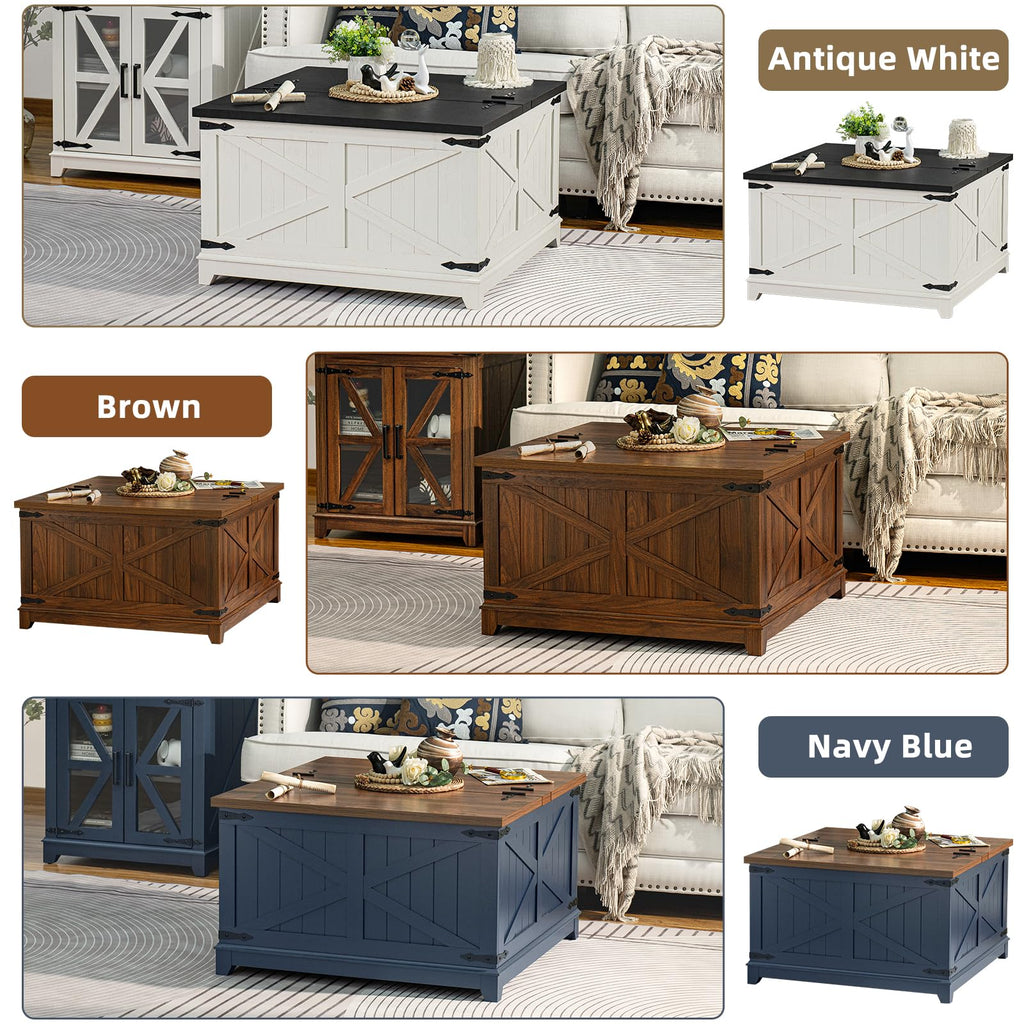 Farmhouse coffee table in multiple colors: antique white, brown, and navy blue