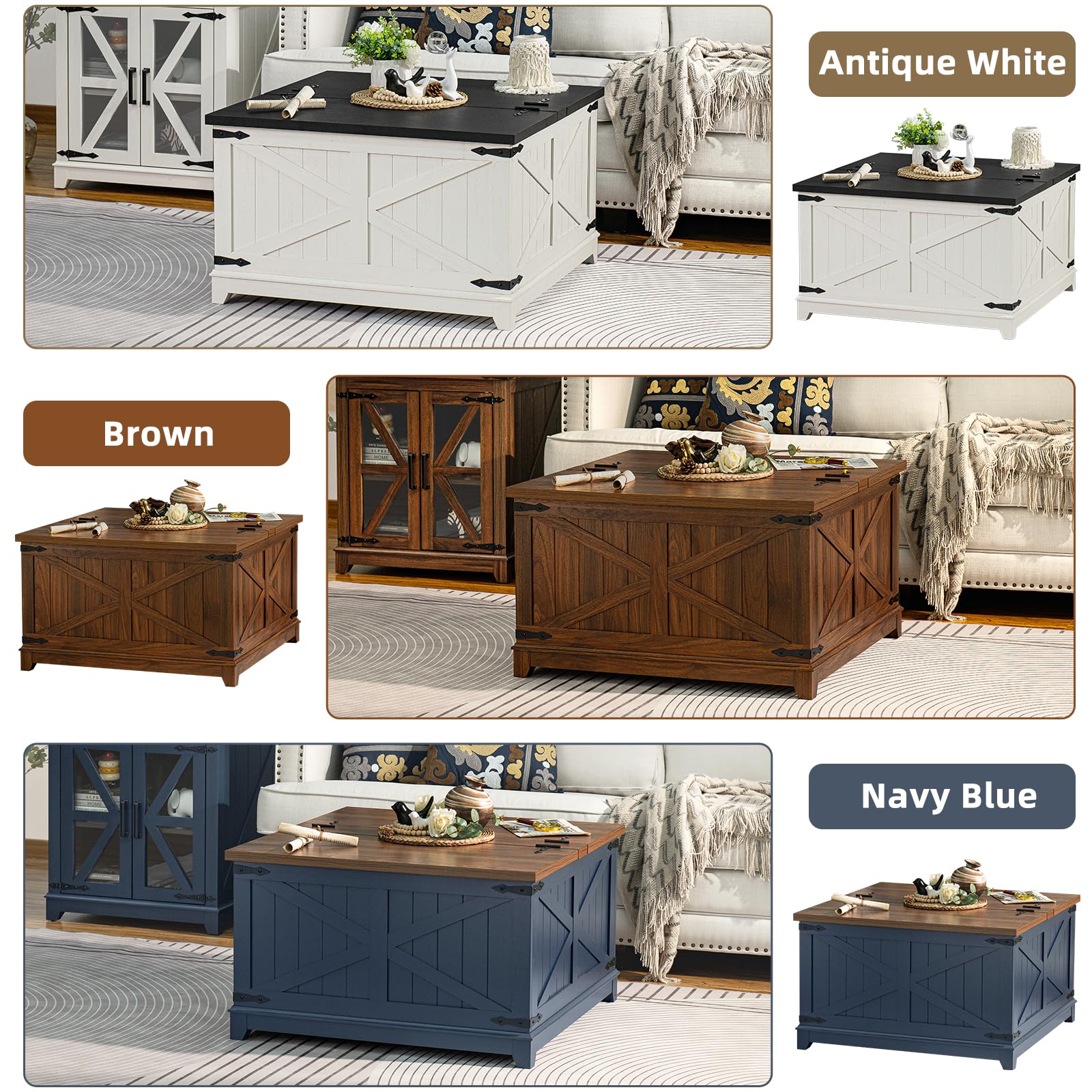 Farmhouse coffee table in multiple colors: antique white, brown, and navy blue