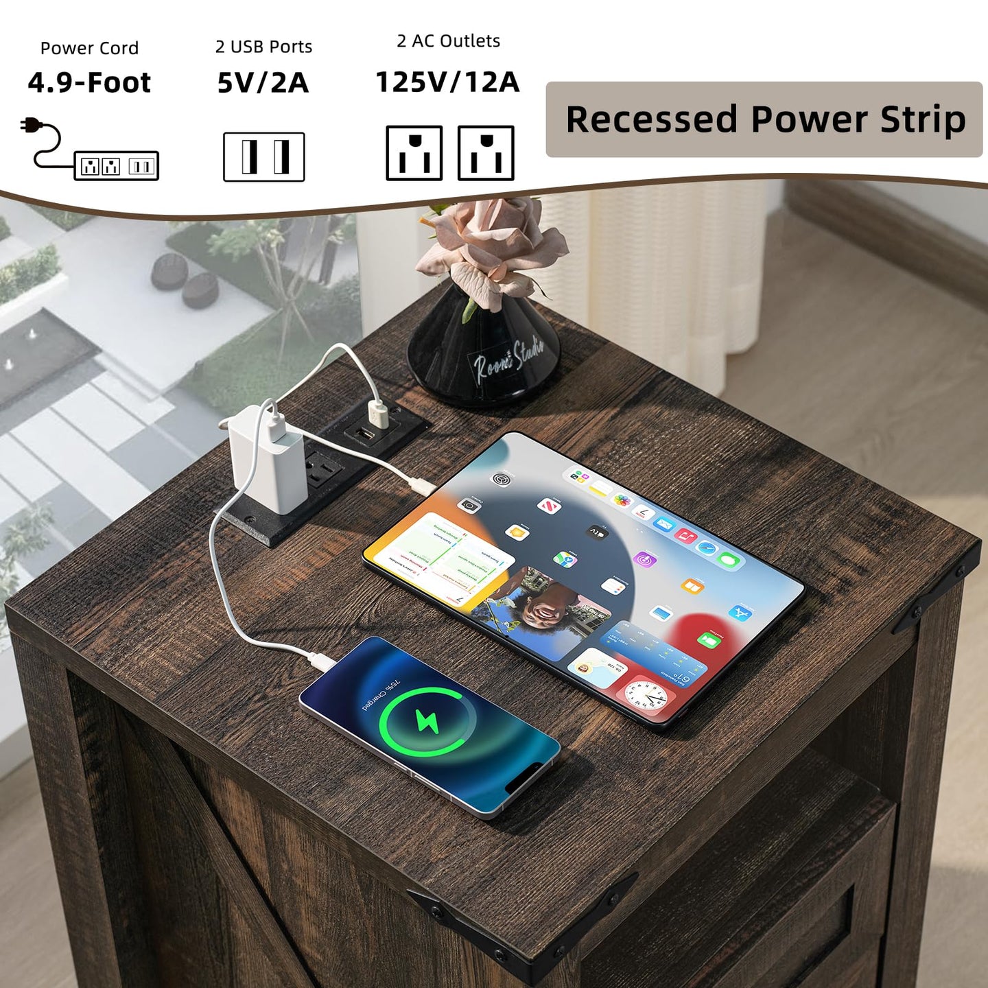 Dark wood nightstand with recessed power strip, USB ports, and charging smartphone