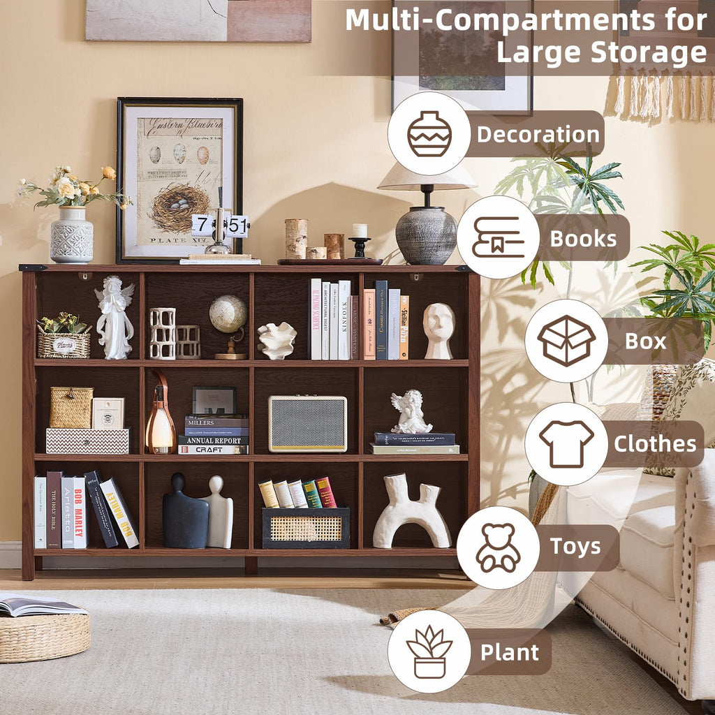 Brown multi-compartment farmhouse bookshelf with open cubbies and display shelves