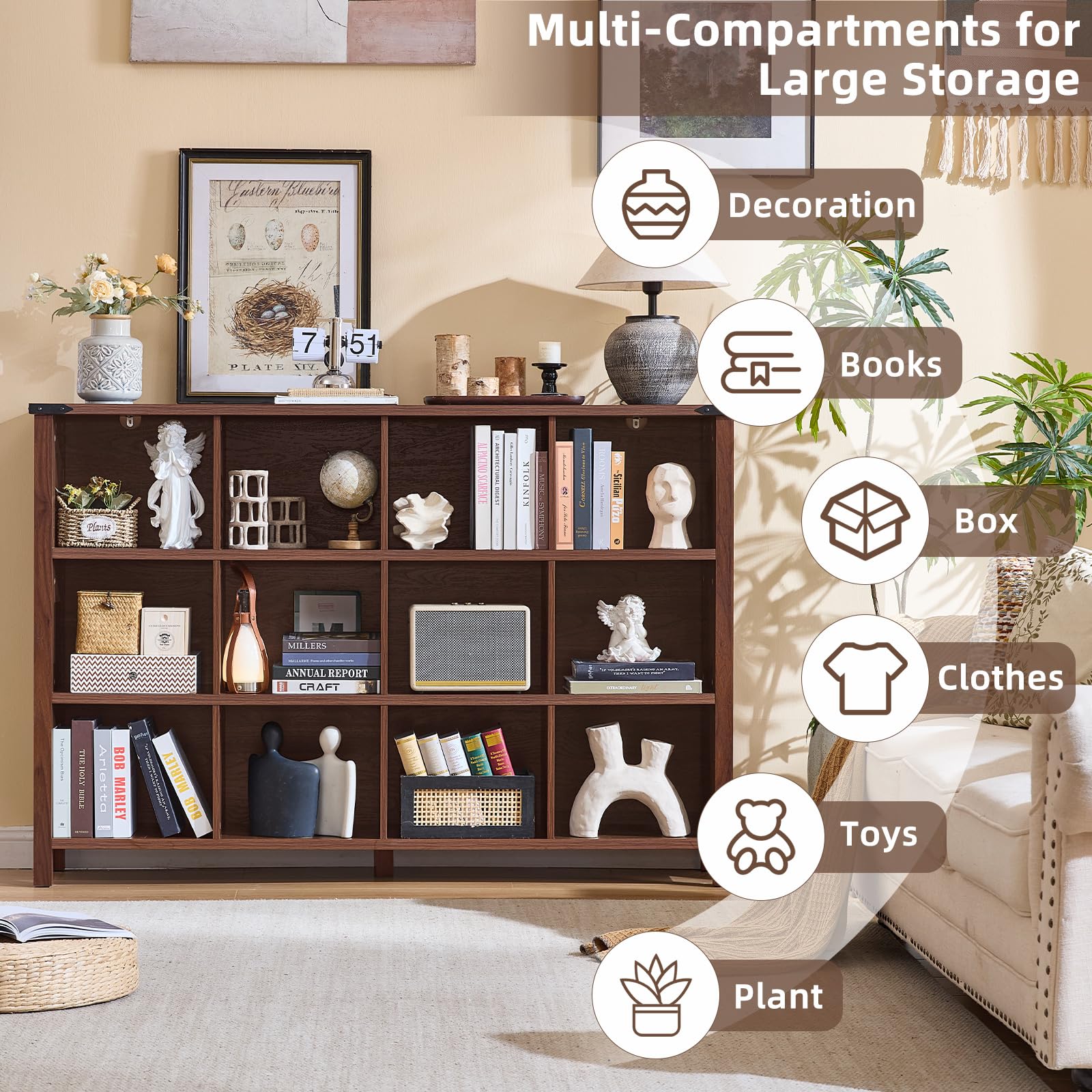 Brown multi-compartment farmhouse bookshelf with open cubbies and display shelves