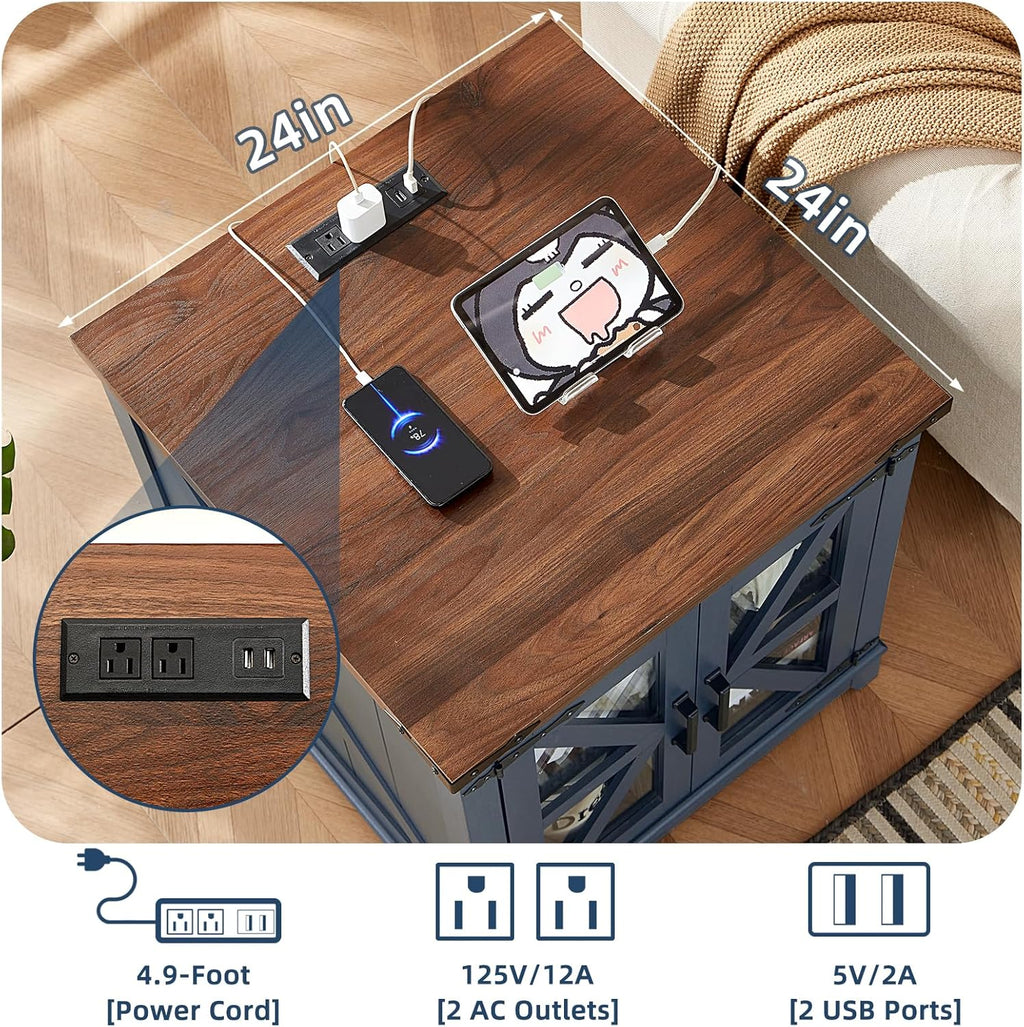 Brown wood lift-top coffee table with built-in power outlets and USB charging ports