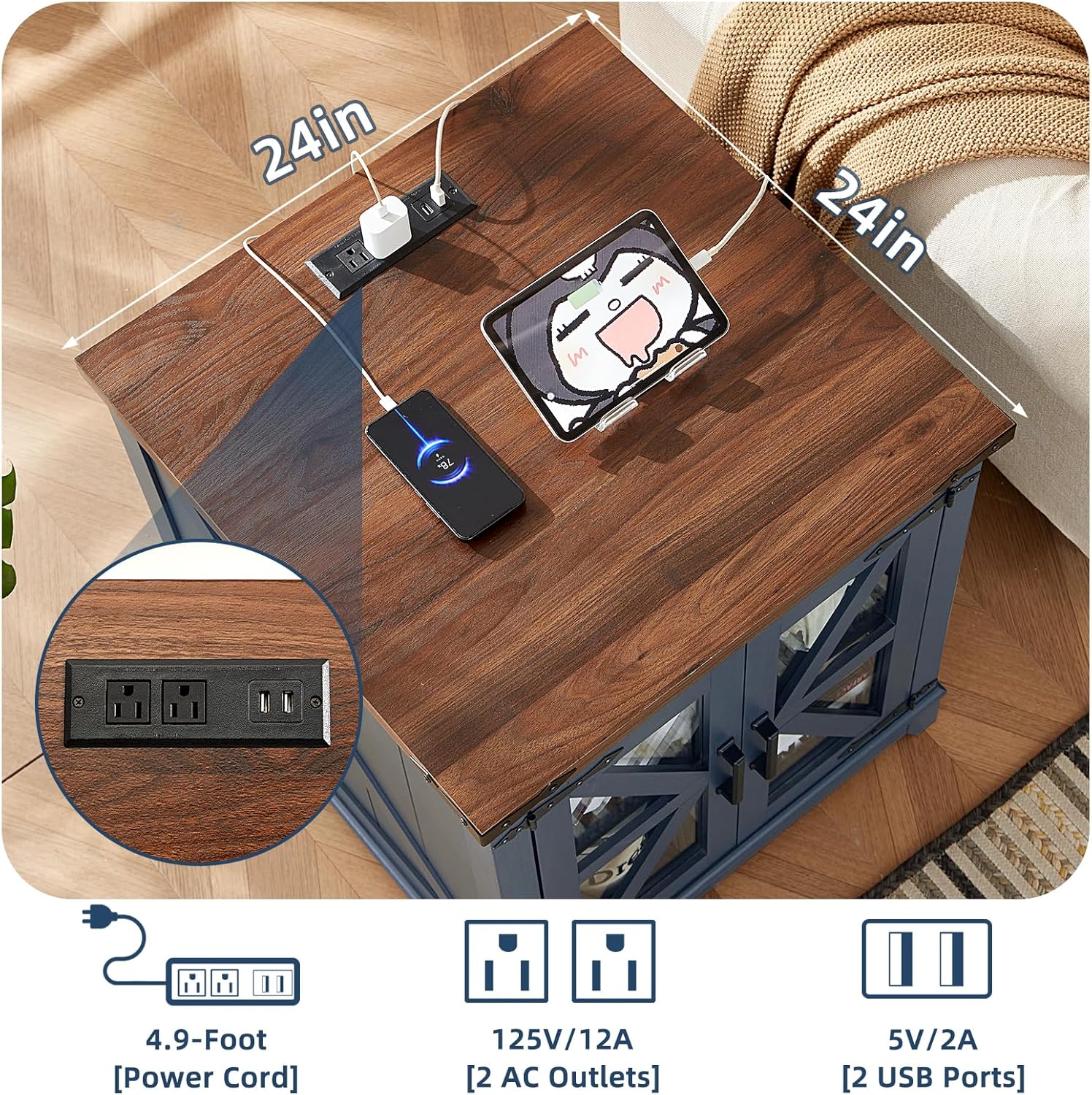 Brown wood lift-top coffee table with built-in power outlets and USB charging ports
