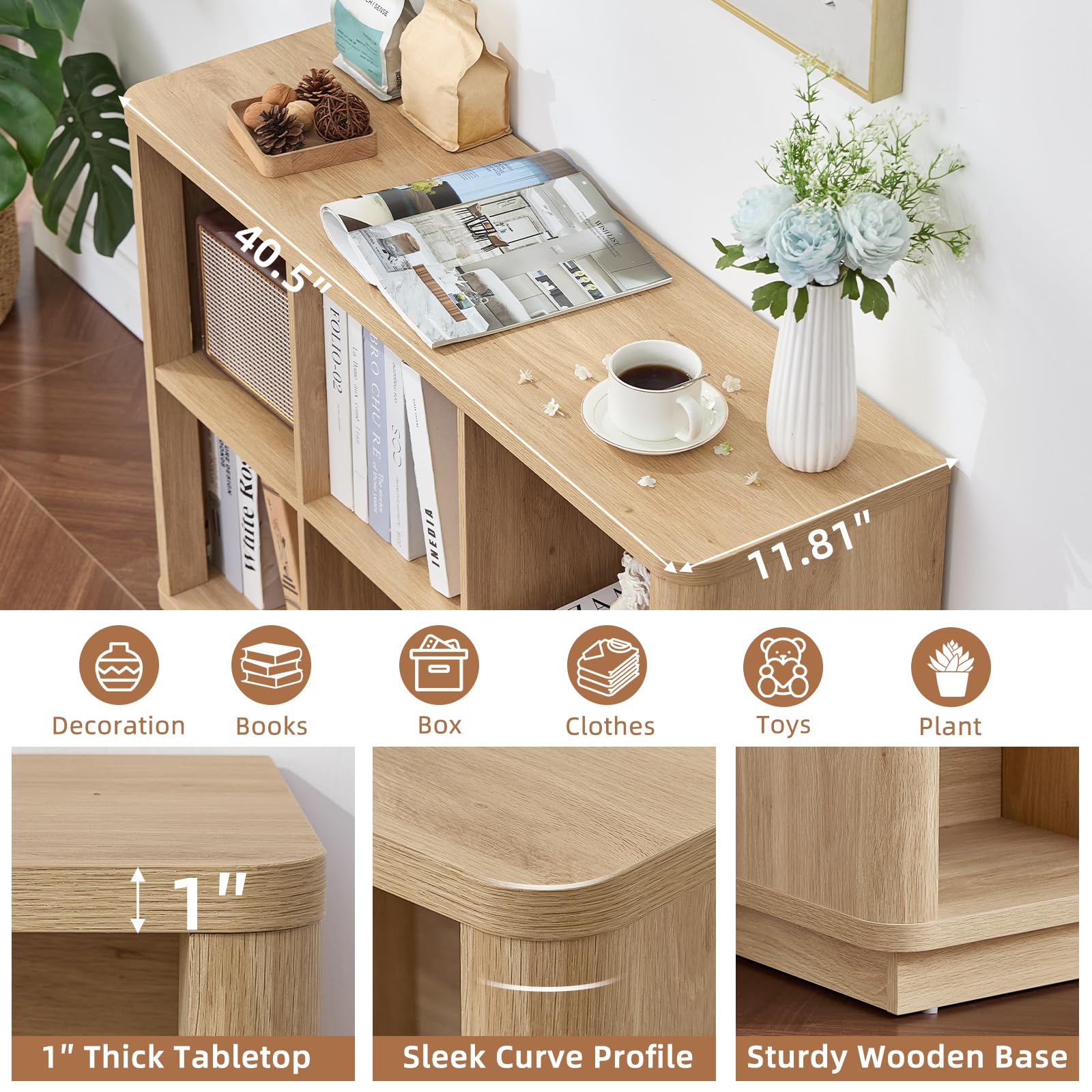 Light oak  open cubby bookshelf console with top shelf and side storage compartments