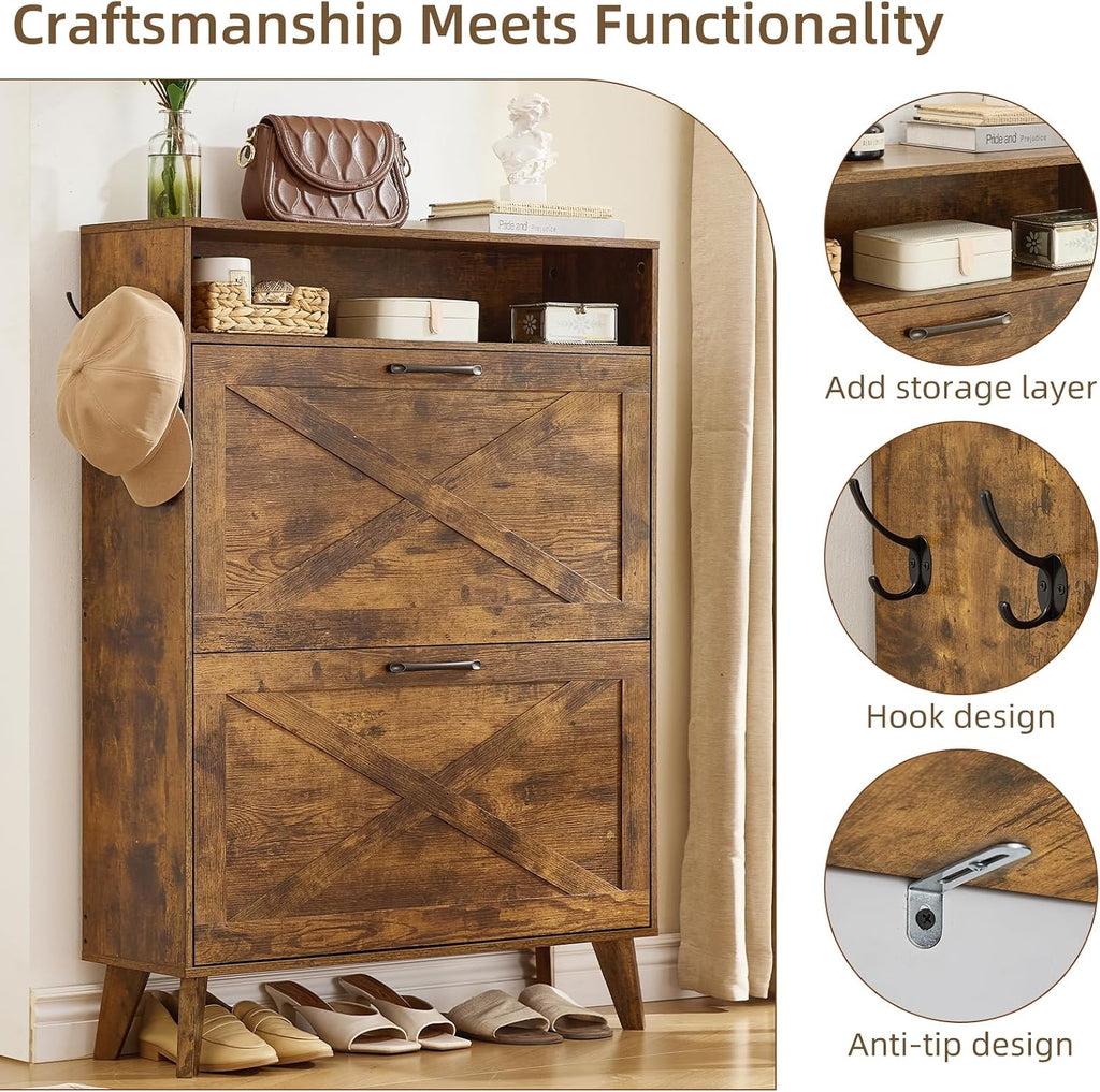 Shoe storage cabinet front with two flip drawers, metal handles and anti-tip hooks