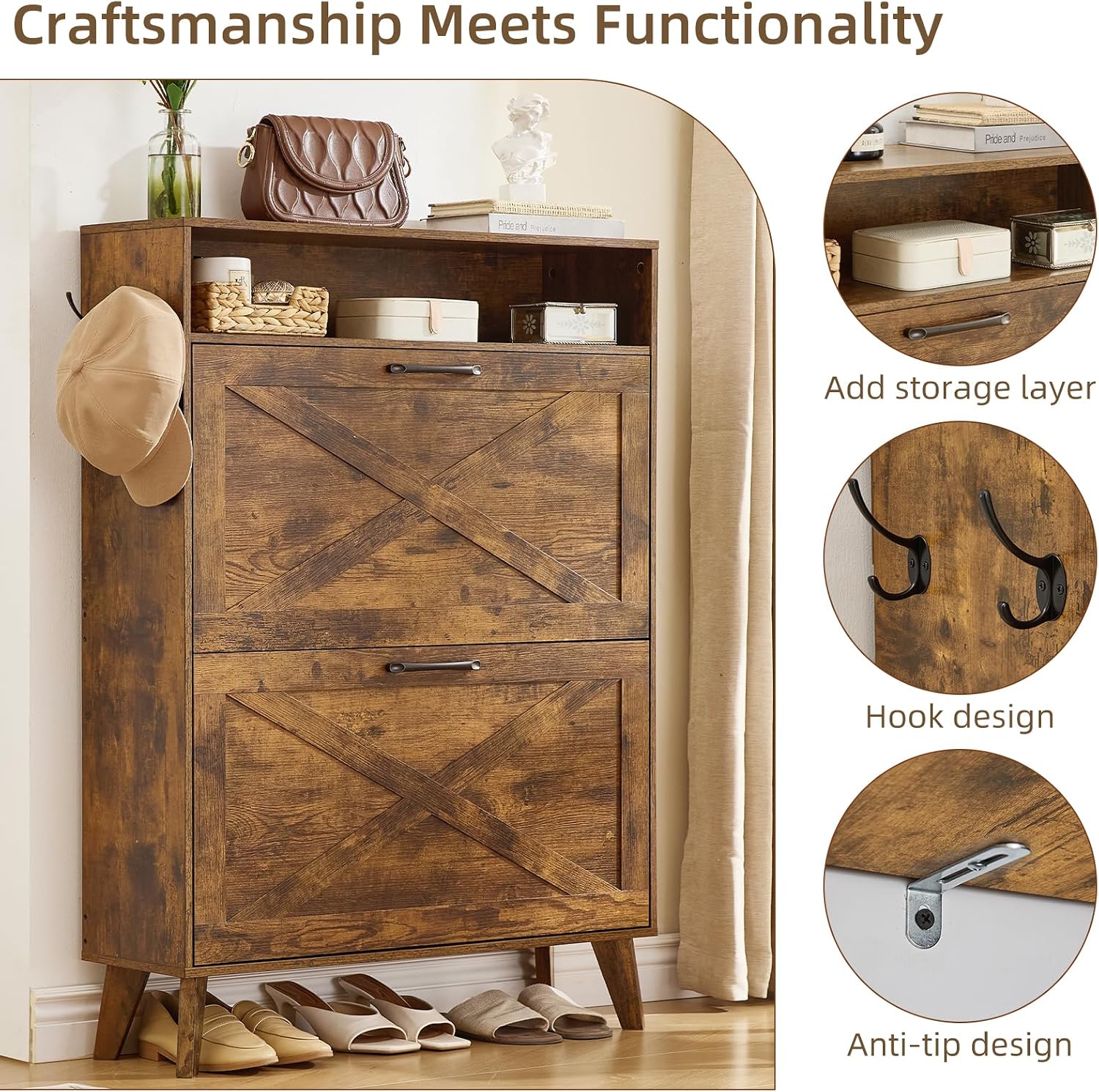 Shoe storage cabinet front with two flip drawers, metal handles and anti-tip hooks