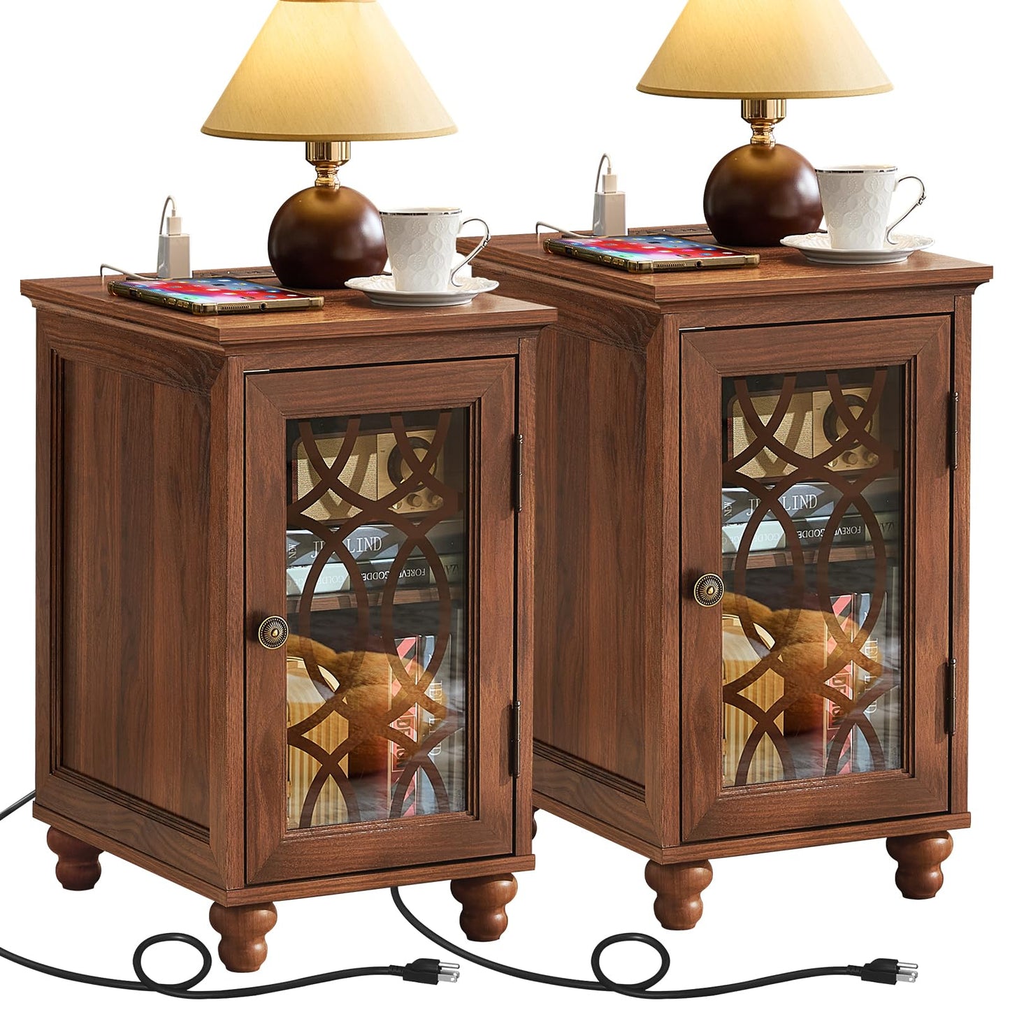 Pair of brown wood nightstands with glass cabinet doors and two table lamps.